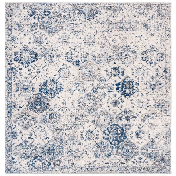 SAFAVIEH Madison Judith Distressed Area Rug, White/Royal Blue, 5' x 5' Square - Transitional Modern Design, White & Royal Blue, Non-Shedding & Easy Cleaning, Ideal for Living Room, Bedroom, Dining Sp