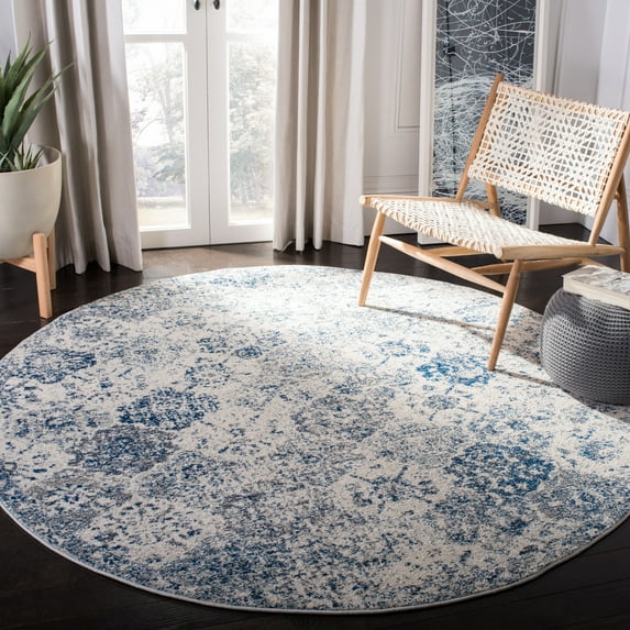 SAFAVIEH Round Rug 8' - Madison Collection - Transitional Modern Design, White & Royal Blue, Non-Shedding & Easy Cleaning, Ideal for Living Room, Bedroom, Dining Space (MAD611C)