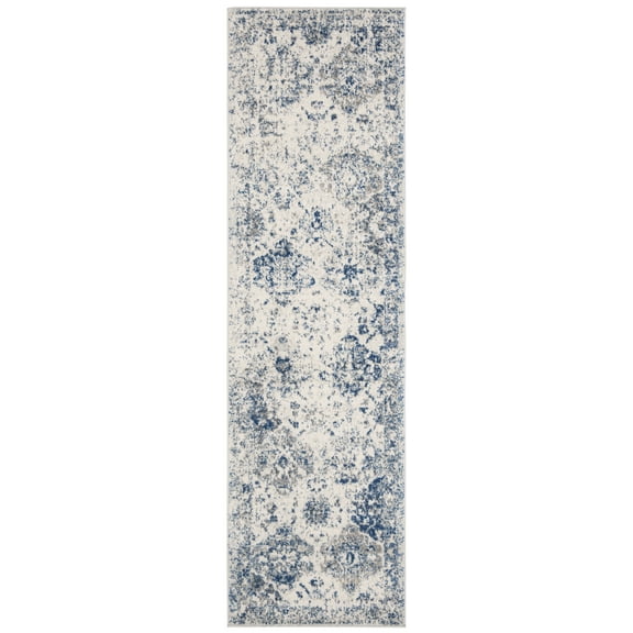 SAFAVIEH Madison Judith Distressed Runner Rug, White/Royal Blue, 2'3" x 18' - Transitional Modern Design, White & Royal Blue, Non-Shedding & Easy Cleaning, Ideal for Living Room, Bedroom, Dining Spac