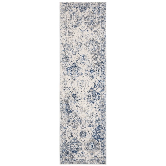 SAFAVIEH Madison Judith Distressed Runner Rug, White/Royal Blue, 2'3" x 20' - Transitional Modern Design, White & Royal Blue, Non-Shedding & Easy Cleaning, Ideal for Living Room, Bedroom, Dining Spac
