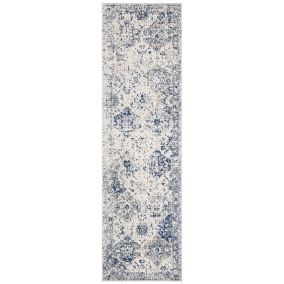 SAFAVIEH Madison Judith Distressed Runner Rug, White/Royal Blue, 2'3" x 22' - Transitional Modern Design, White & Royal Blue, Non-Shedding & Easy Cleaning, Ideal for Living Room, Bedroom, Dining Spac
