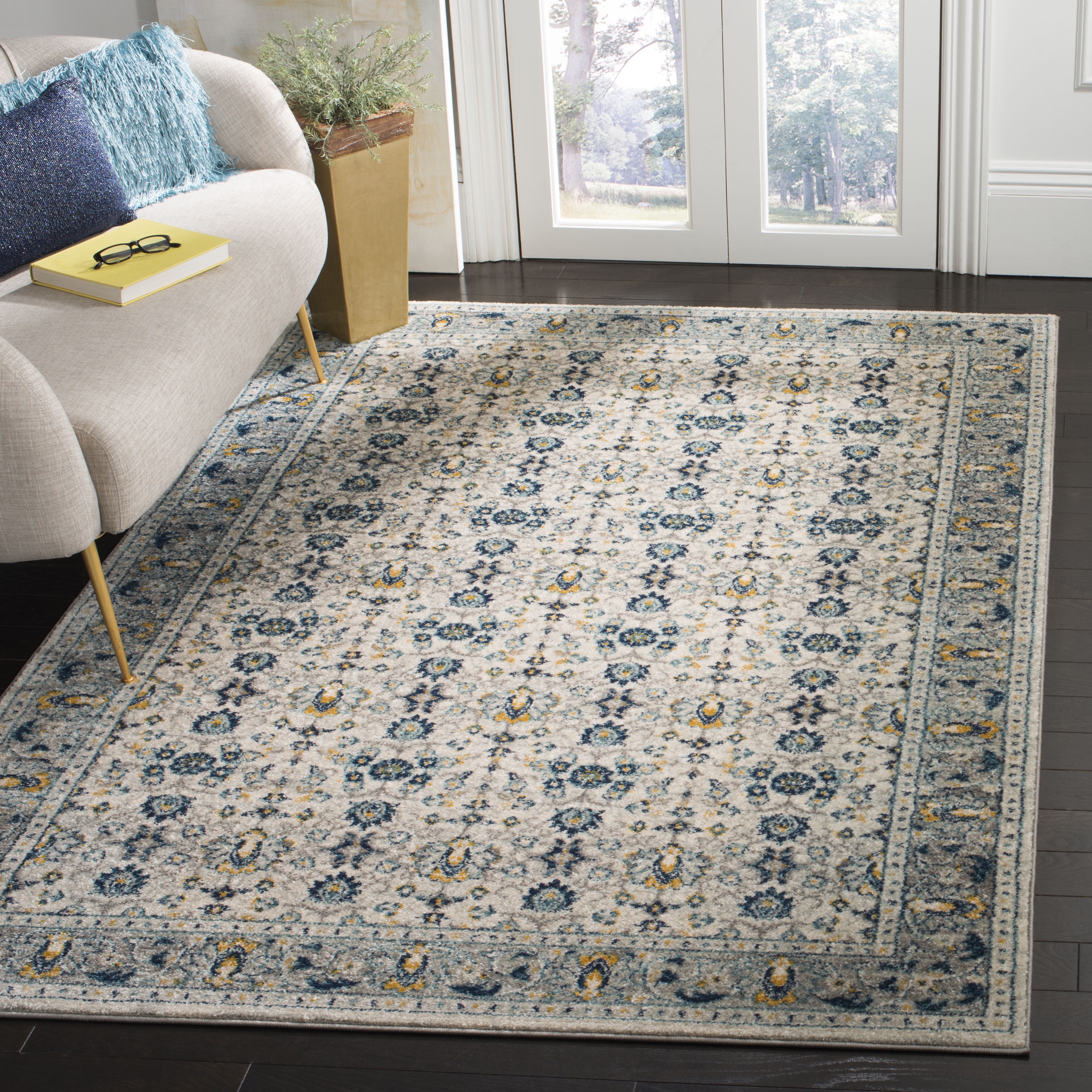 Ivory and Navy Reversible Synthetic Area Rug