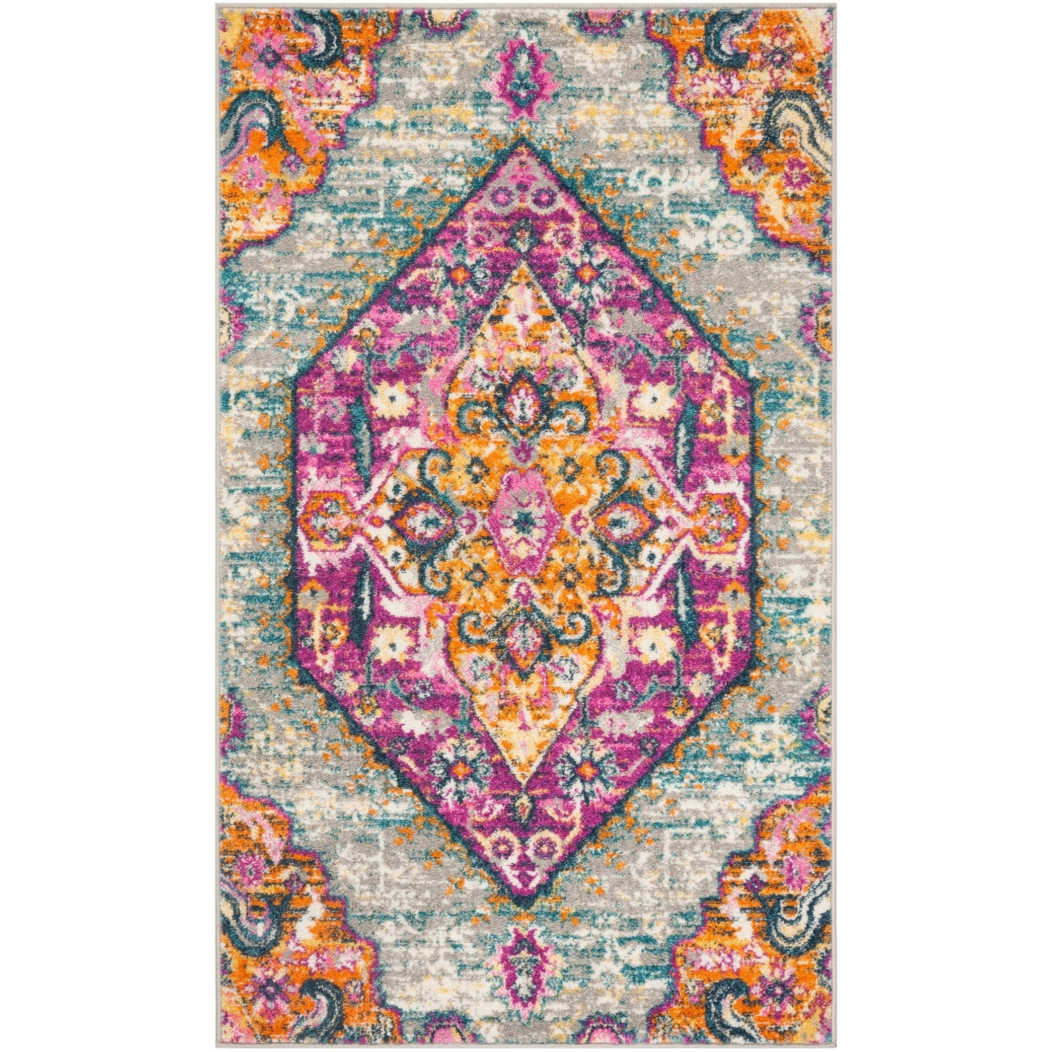 Light Grey and Fuchsia Synthetic Bohemian Area Rug
