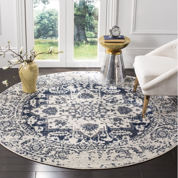 SAFAVIEH Madison Katina Traditional Area Rug, Cream/Navy, 5' x 5' Round - Traditional Design, Cream & Navy, Non-Shedding & Easy Cleaning, Ideal for Living Room, Bedroom, Dining Space