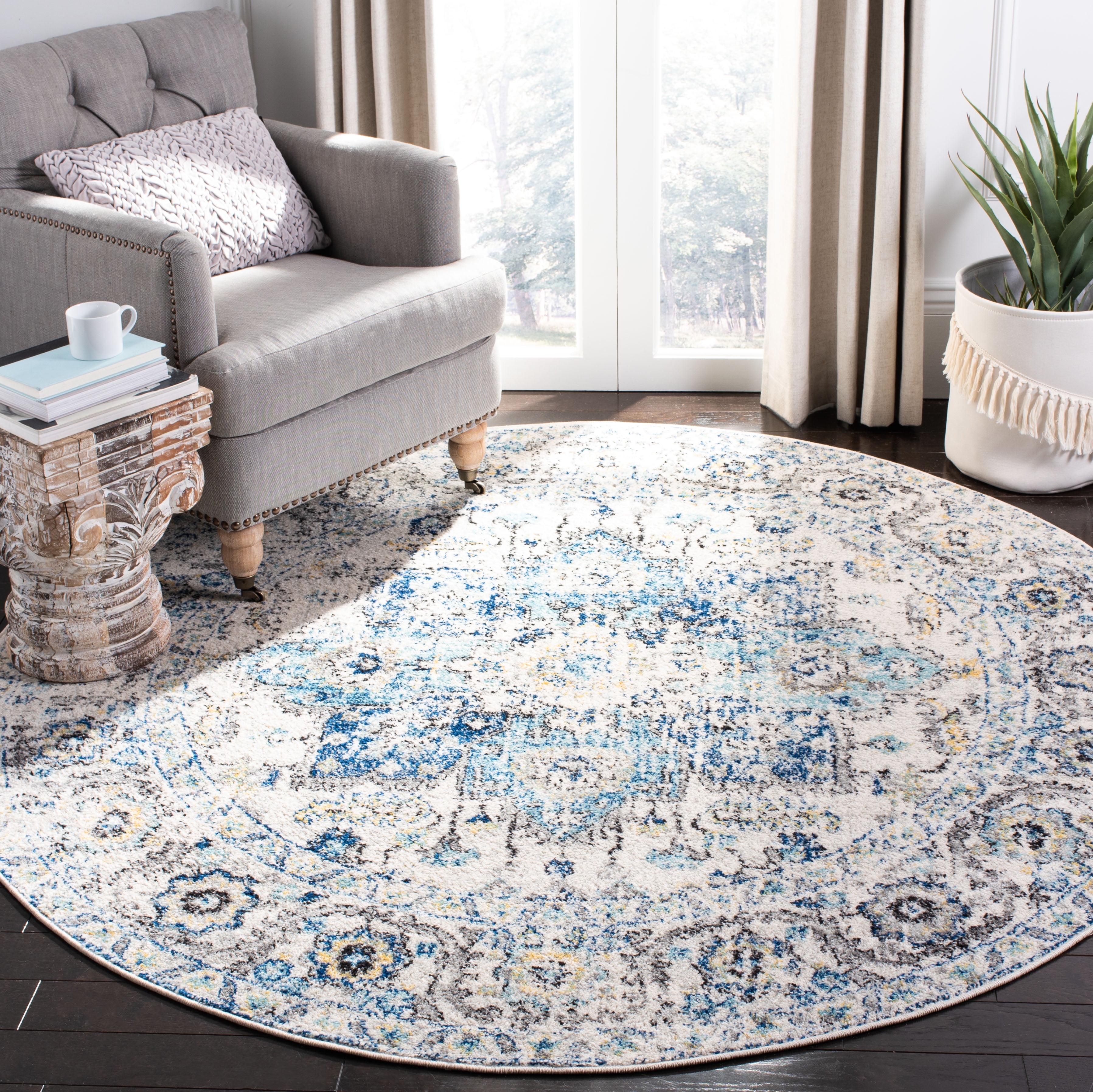 Safavieh Madison Rug Collection Power Loomed Off-White Oriental Area Rugs, 8' x 8' Round, Stain Resistant