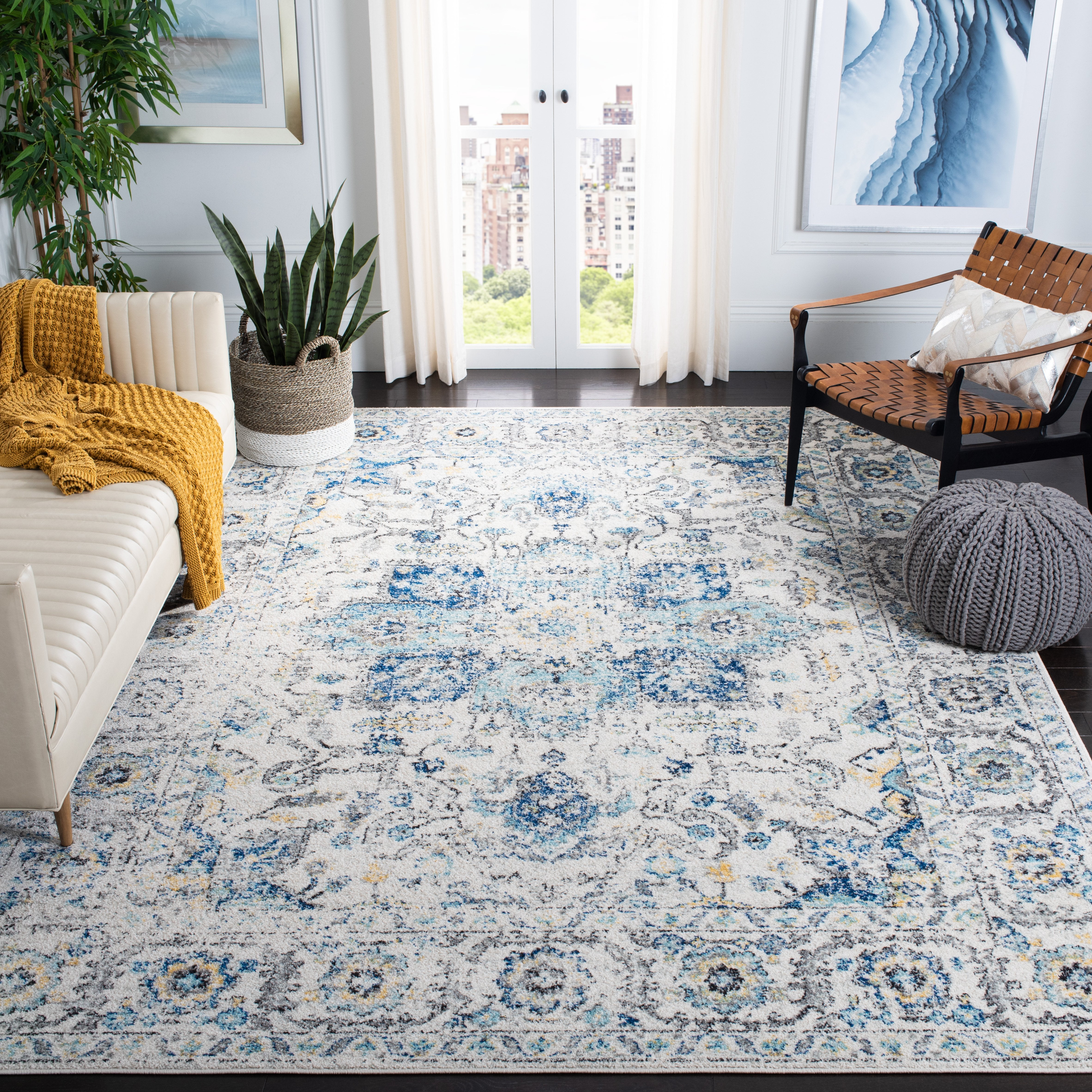 Safavieh Madison Rug Collection Power Loomed Turquoise/Ivory Oriental Area Rugs, 9' x 12', Stain Resistant
