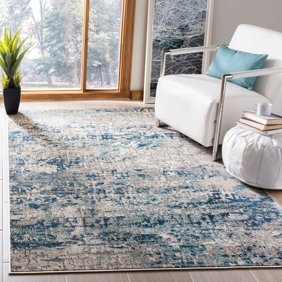 SAFAVIEH Madison Kebo Abstract Area Rug, Grey/Blue, 4' x 4' Square - Modern Design, Grey & Blue, Ideal for Living Room, Bedroom, Dining Space