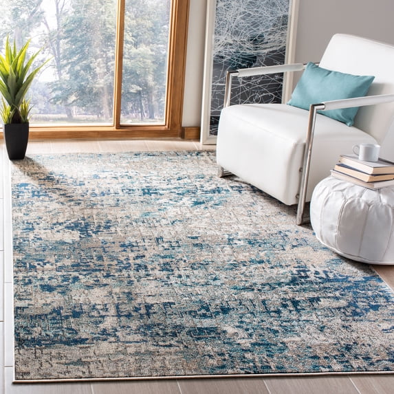 SAFAVIEH Madison Kebo Abstract Area Rug, Grey/Blue, 5' x 5' Square - Modern Design, Grey & Blue, Ideal for Living Room, Bedroom, Dining Space