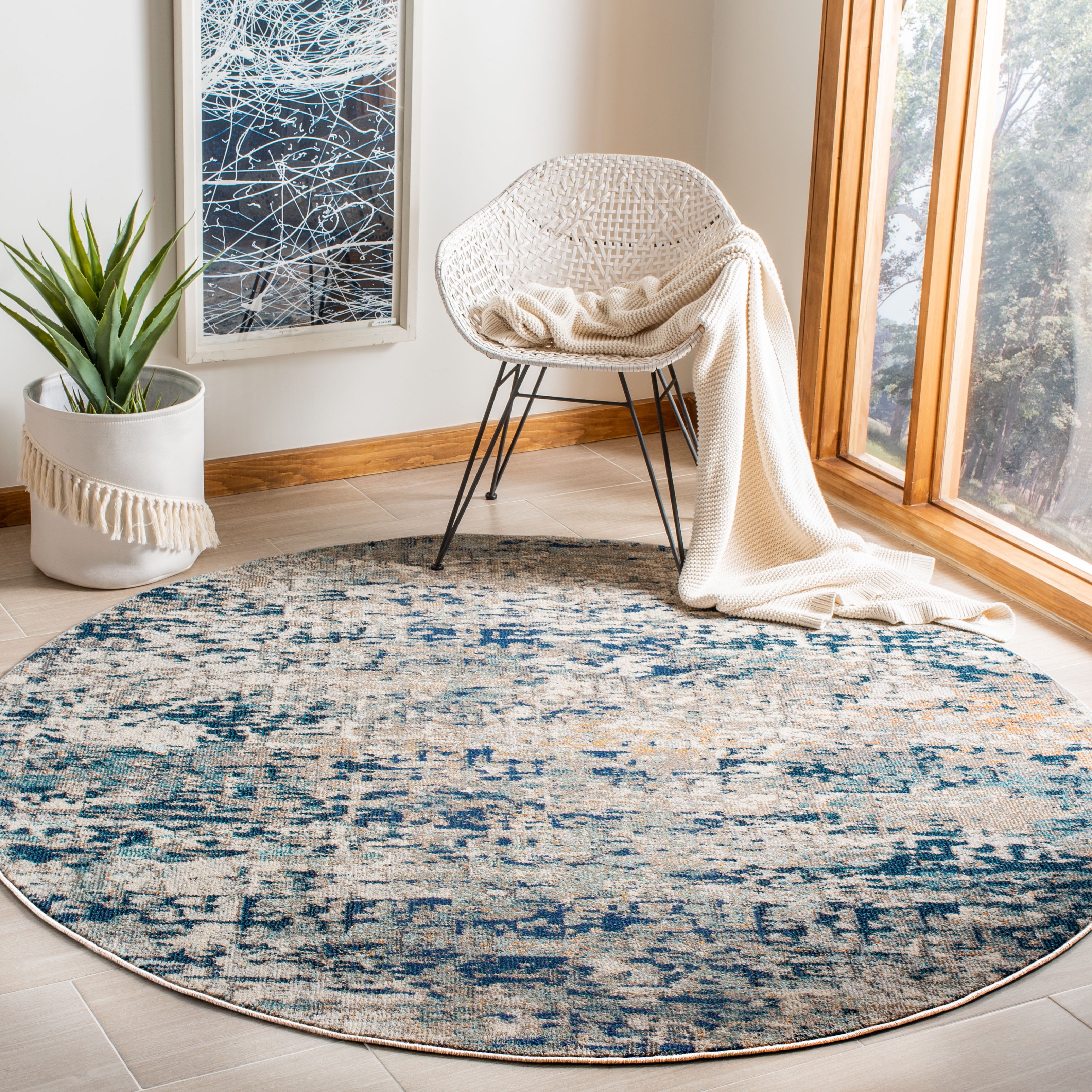 SAFAVIEH Madison Kebo Abstract Area Rug, Grey/Blue, 8' x 8' Round - Modern Design, Grey & Blue, Ideal for Living Room, Bedroom, Dining Space