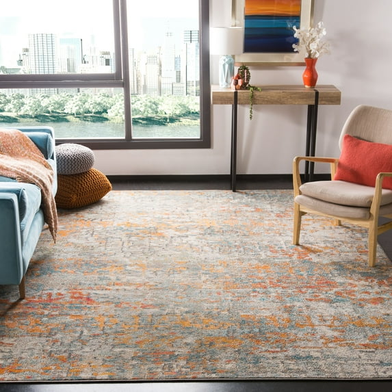 SAFAVIEH Madison Kebo Abstract Area Rug, Grey/Orange, 10' x 14' - X-Large - Modern Design, Grey & Orange, Ideal for Living Room, Bedroom, Dining Space