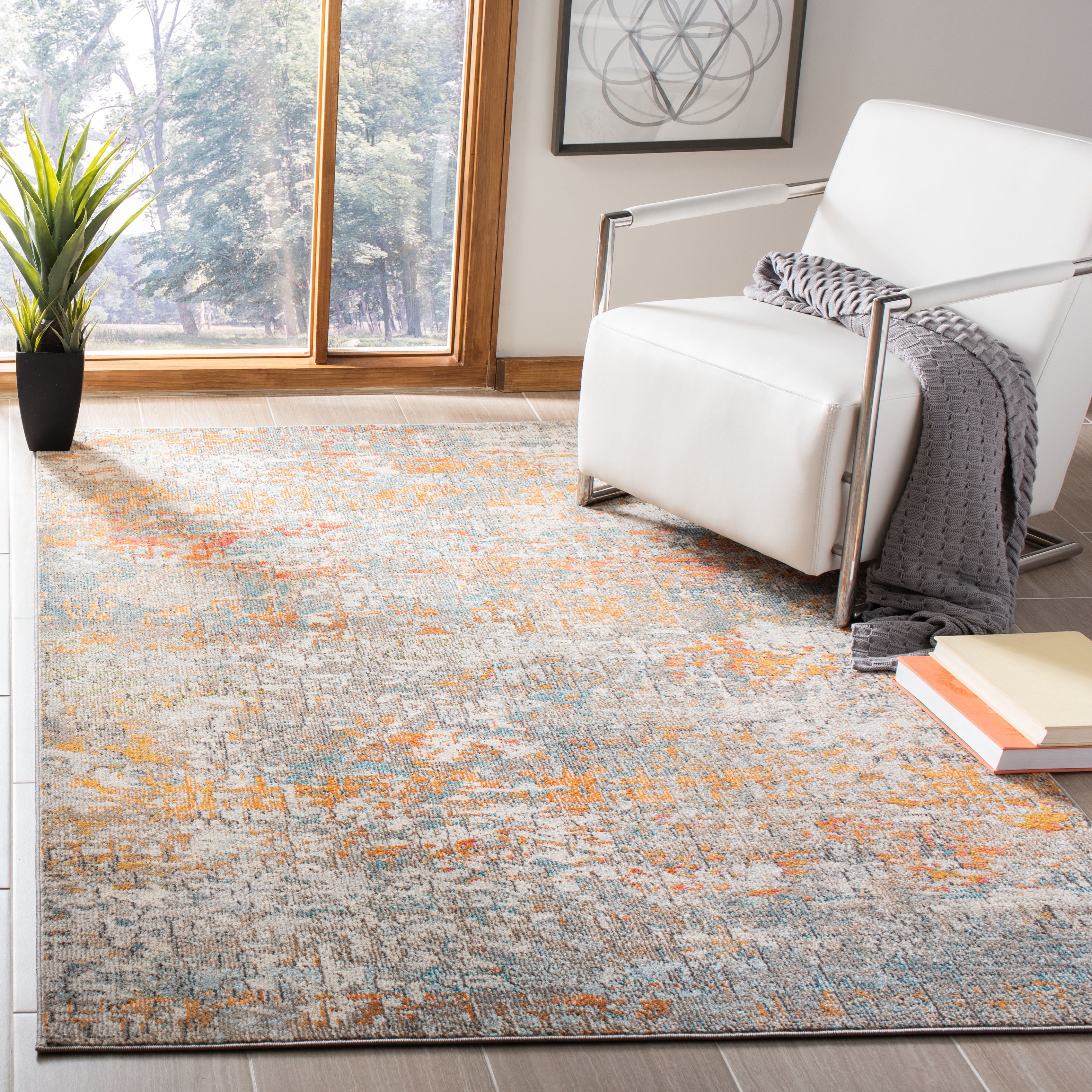 SAFAVIEH Madison Kebo Abstract Area Rug, Grey/Orange, 5'3" x 7'6" - Modern Design, Grey & Orange, Ideal for Living Room, Bedroom, Dining Space