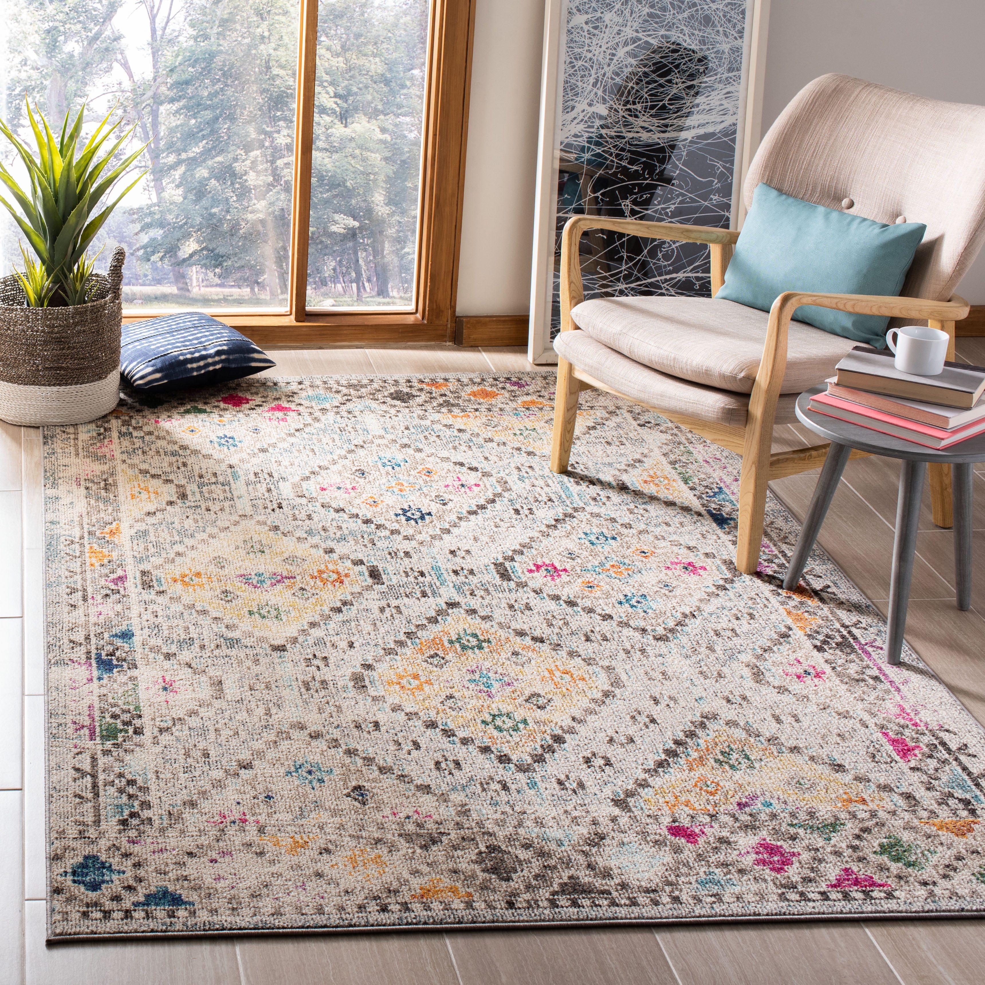 SAFAVIEH Madison Lanford Vintage Geometric Area Rug, Grey/Yellow, 5'3" x 7'6"