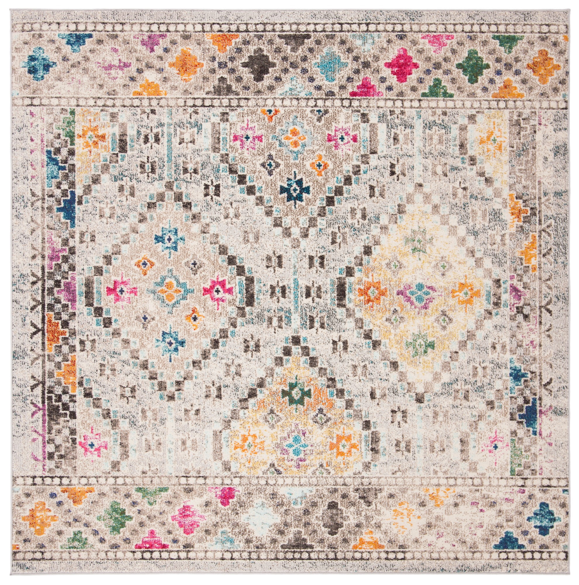 Hand-Knotted Grey and Yellow Square Synthetic Rug