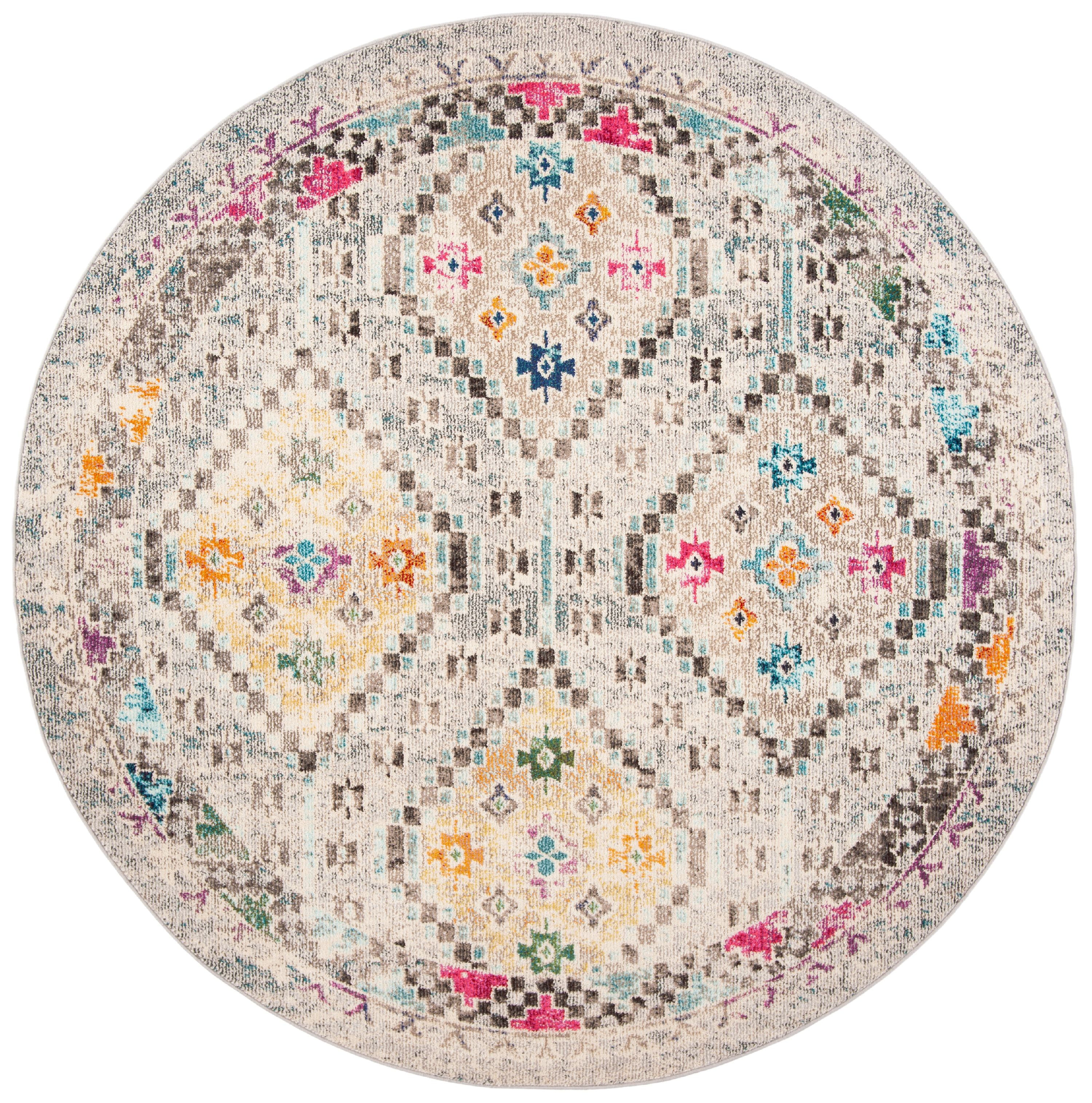 Handmade Round Grey and Yellow Stain-Resistant Rug