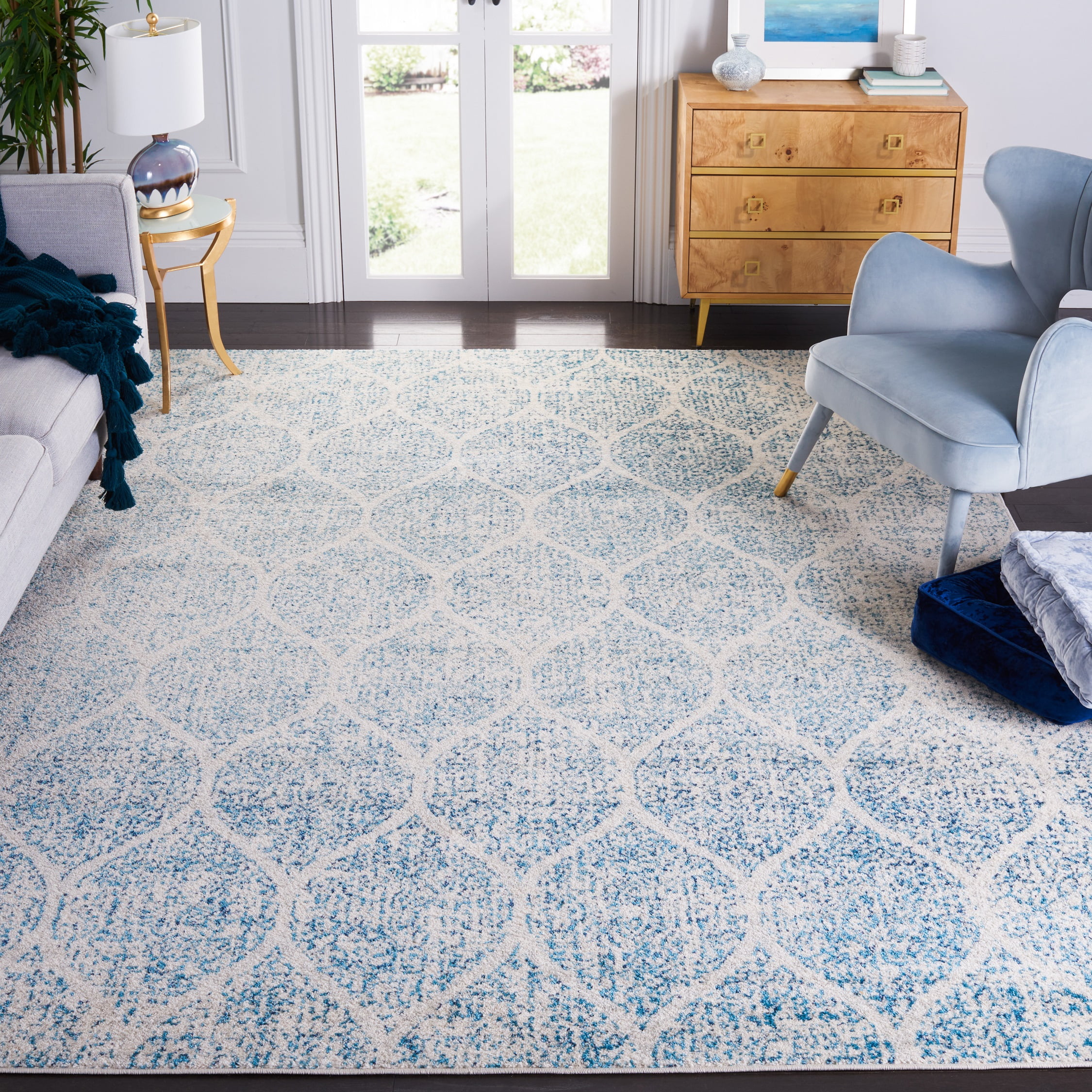 Elegant Cream & Turquoise Synthetic 8'x10' Reversible Area Rug