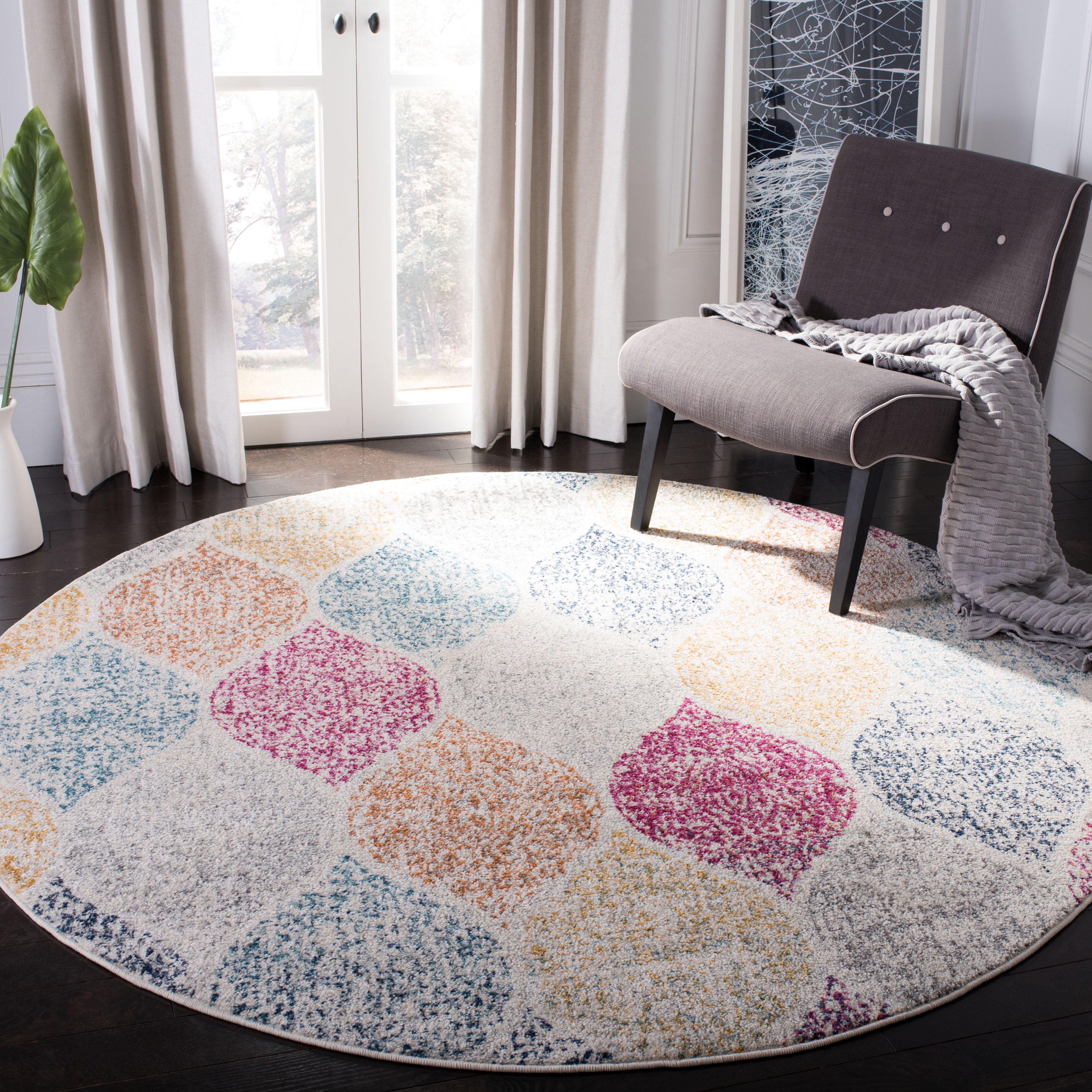 SAFAVIEH Madison Leighton Geometric Area Rug, Cream/Yellow, 5'3" x 5'3" Round