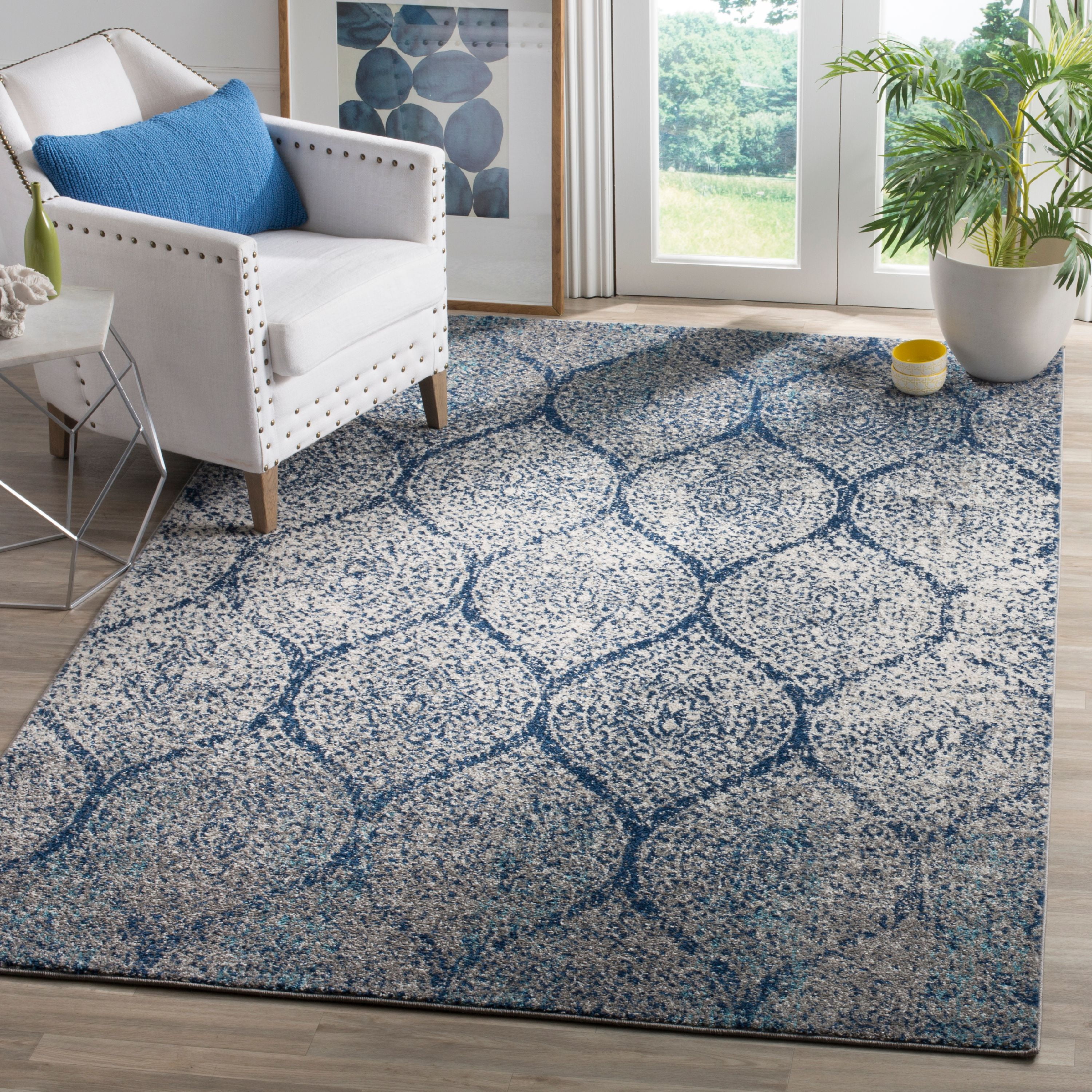 Navy and Silver Damask Square Synthetic Area Rug