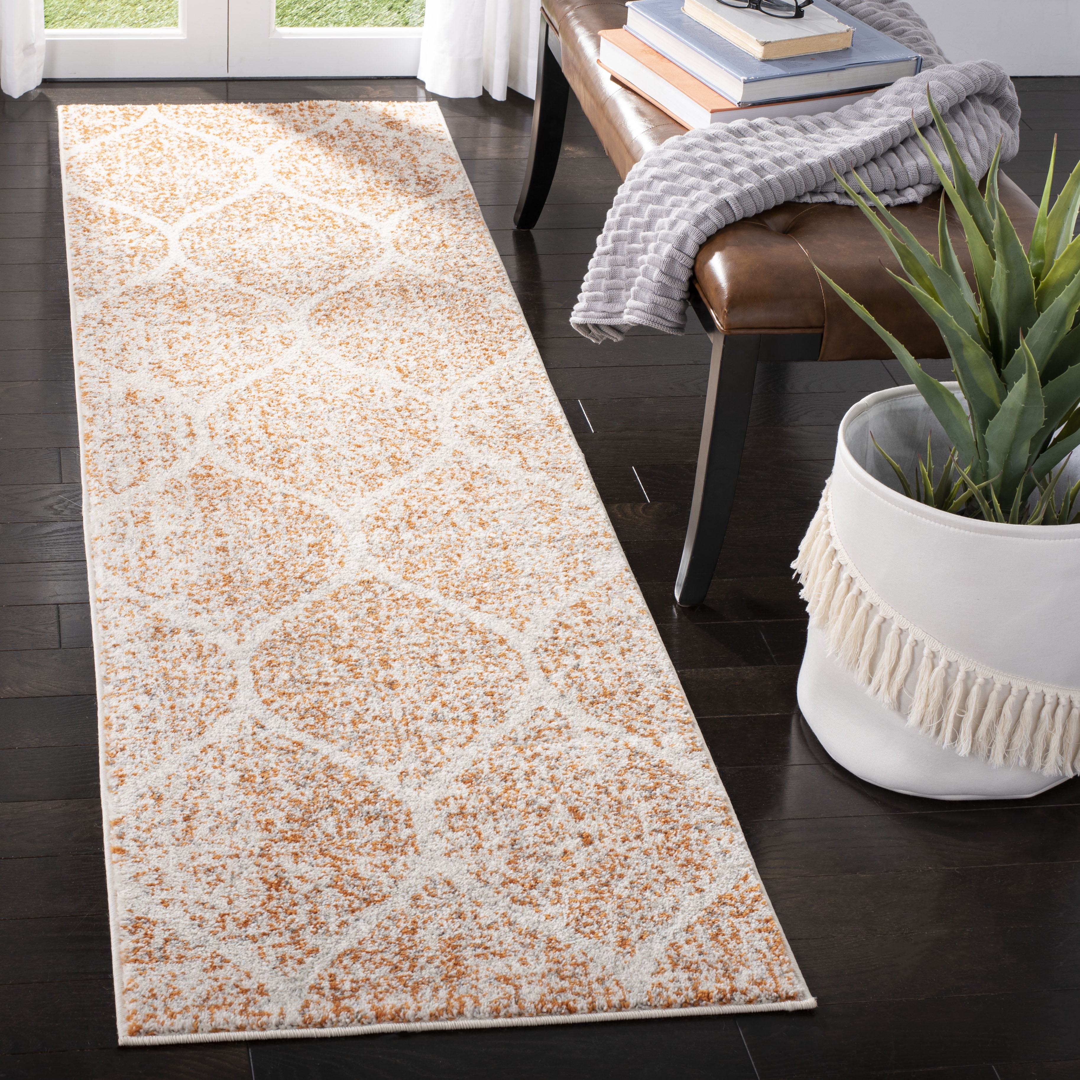 Ivory and Orange Synthetic Ogee Trellis Runner Rug