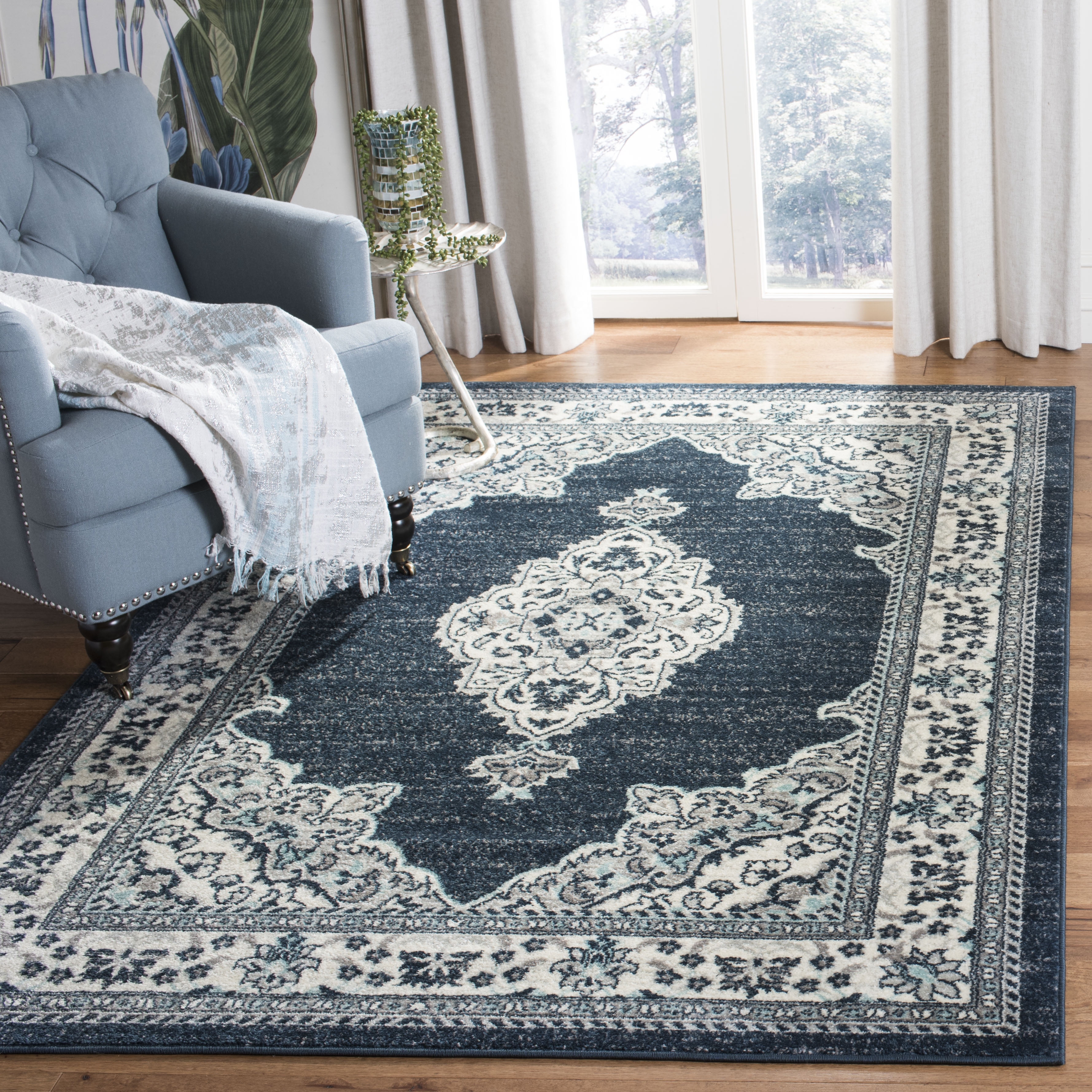 Navy and Cream Floral Motif Medium Pile Area Rug