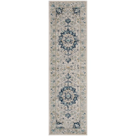 SAFAVIEH Madison Mattie Overdyed Floral Runner Rug, Ivory/Blue, 2'3" x 8'