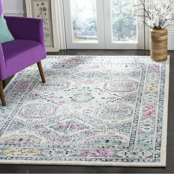 SAFAVIEH Madison Normand Geometric Floral Area Rug, Light Grey/Fuchsia, 6'7" x 6'7" Square