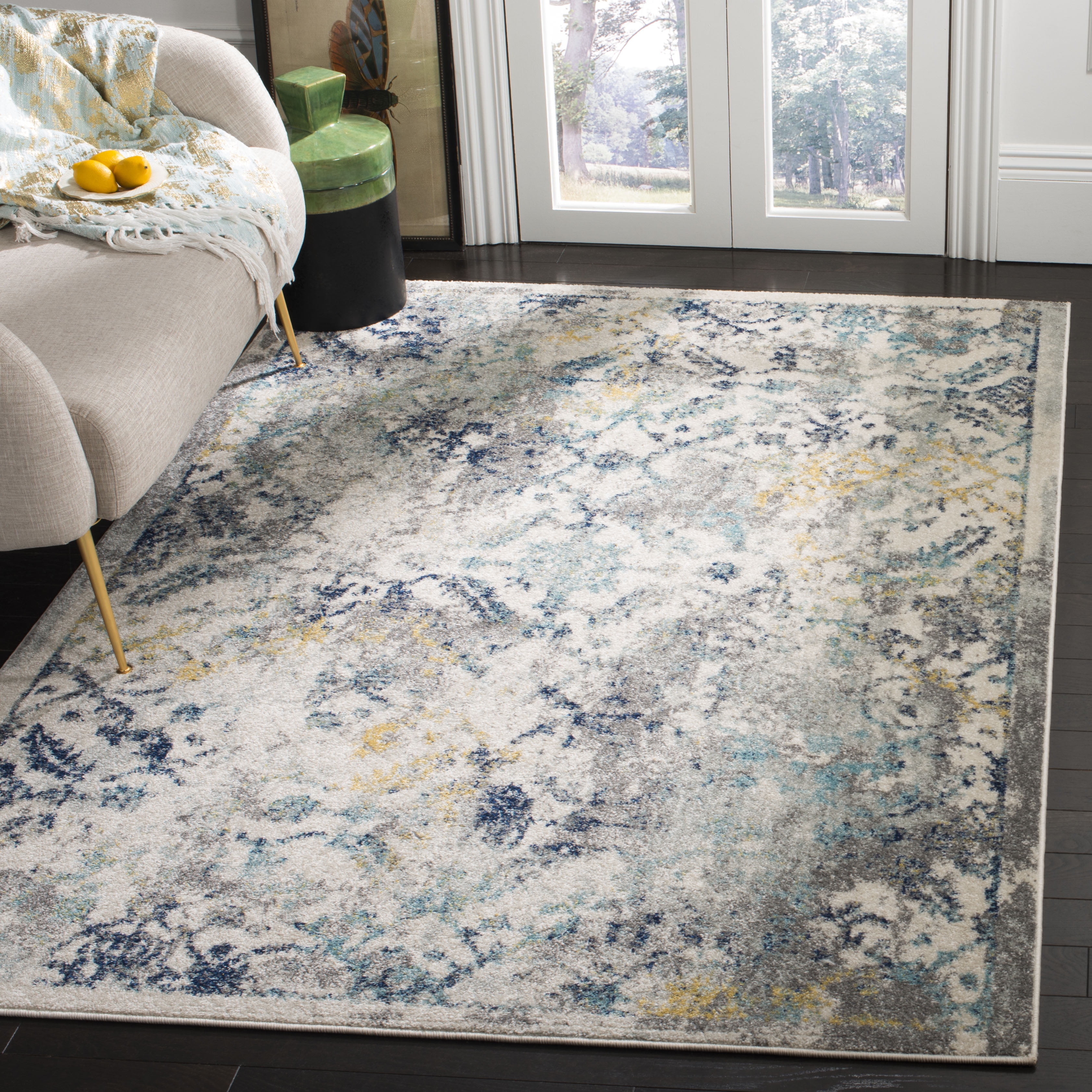 Elysian Ivory & Blue Boho Chic Distressed Area Rug - 6' x 9'