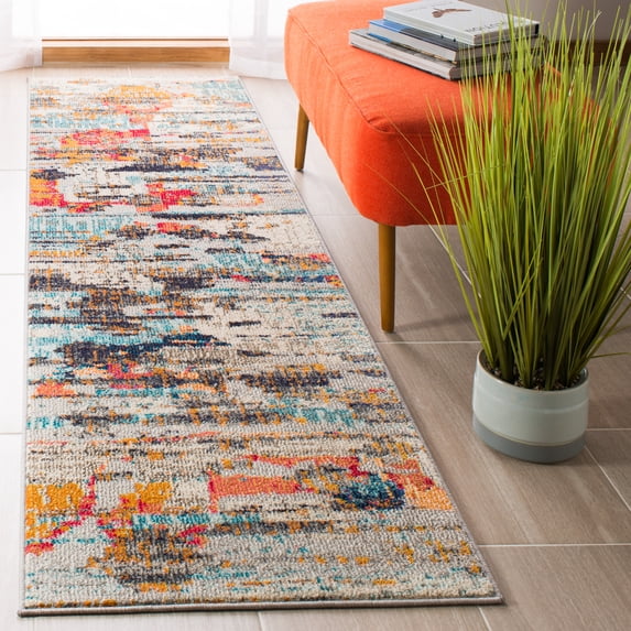 SAFAVIEH Madison Orlando Abstract Distressed Runner Rug, Ivory/Multi, 2'2" x 12'