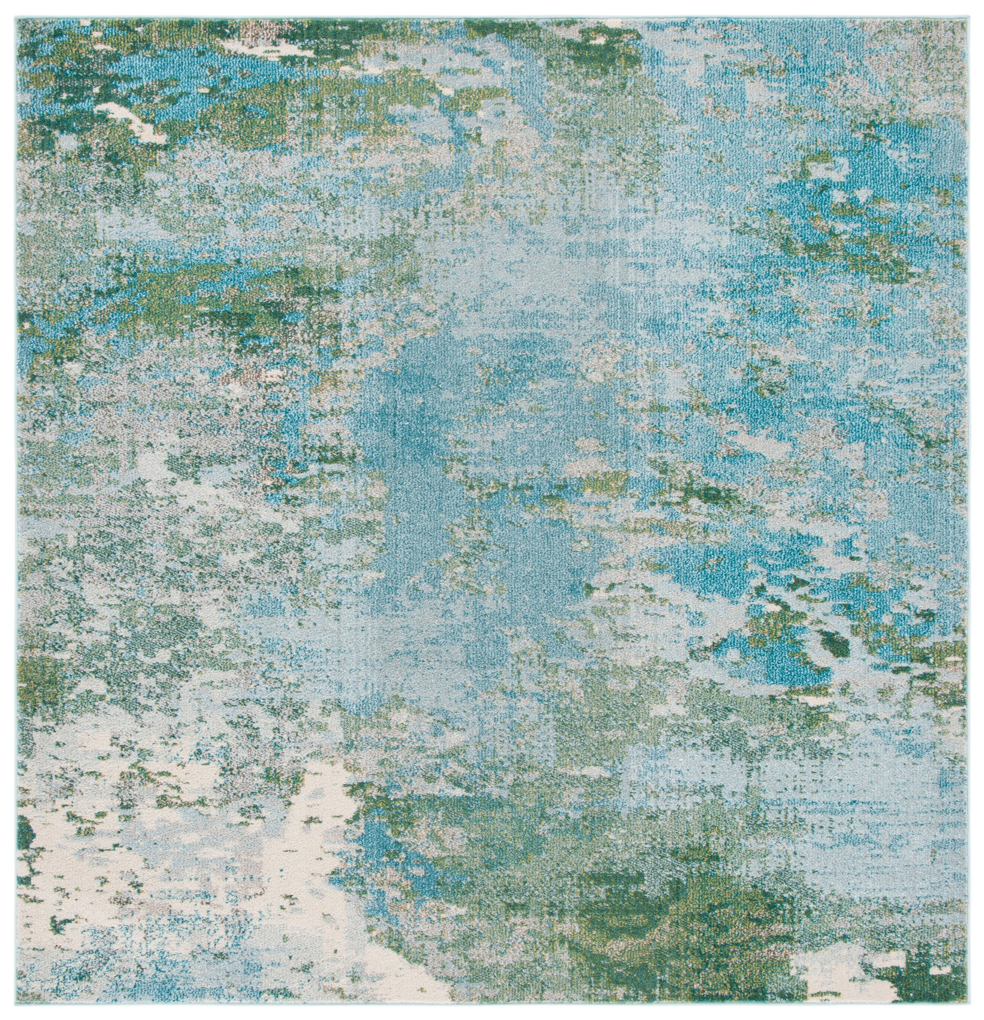 Light Blue and Green Synthetic 8' x 8' Square Abstract Area Rug