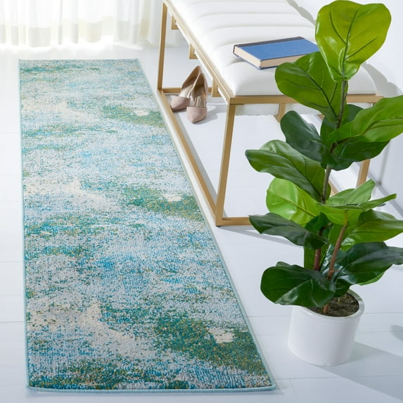 SAFAVIEH Madison Oscar Abstract Distressed Runner Rug, Light Blue/Green, 2' x 8'