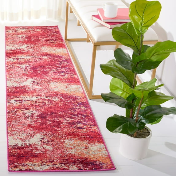 SAFAVIEH Madison Oscar Abstract Distressed Runner Rug, Red/Ivory, 2' x 8'