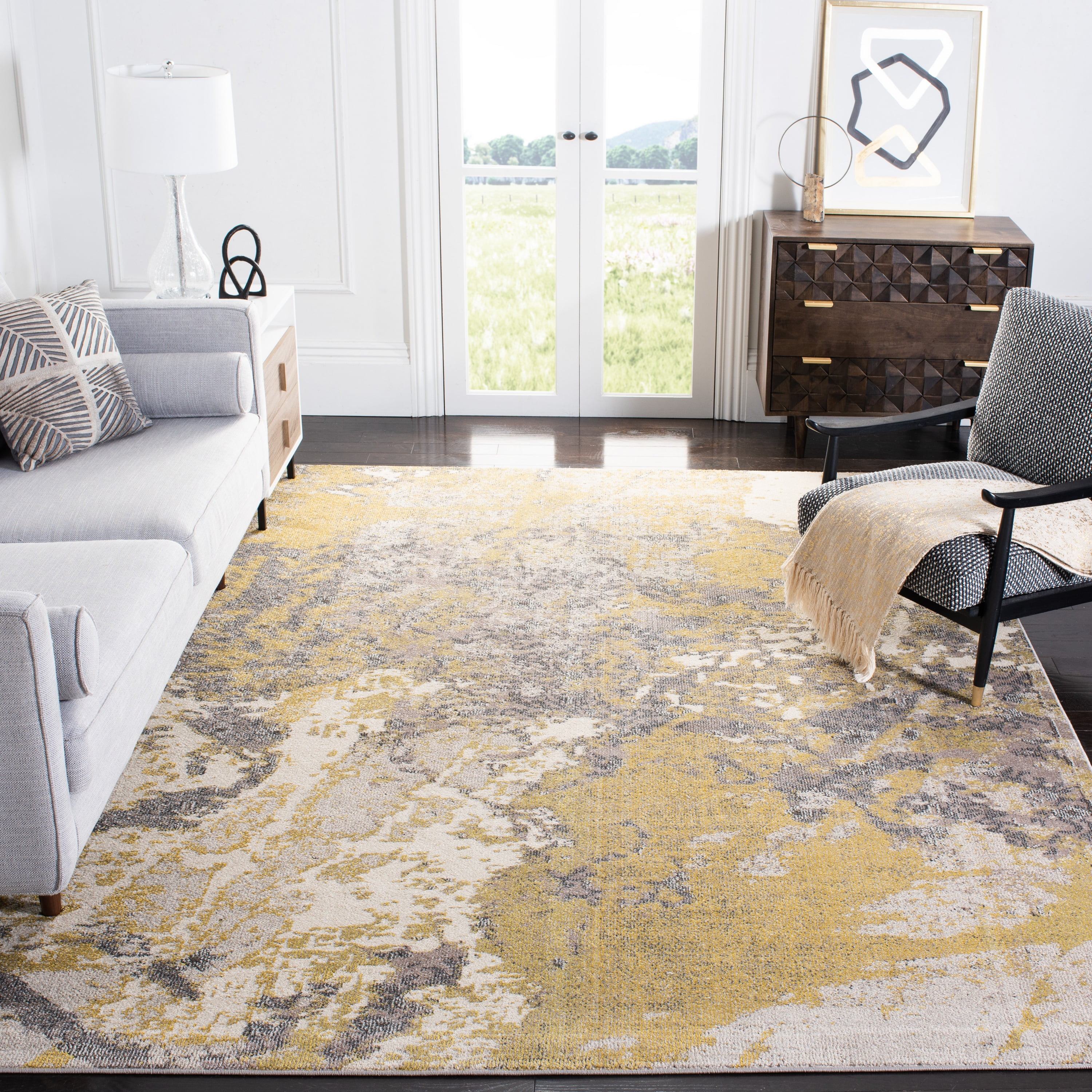 Ivory and Grey Abstract Hand-Knotted Square Rug