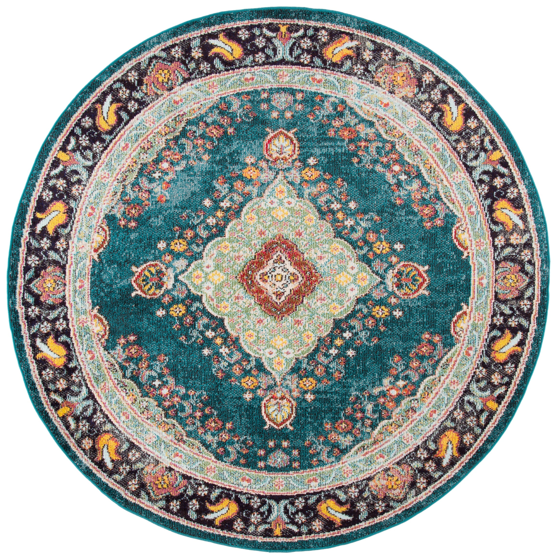 Navy and Turquoise Round Synthetic Floral Area Rug