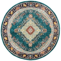 SAFAVIEH Madison Sonam Floral Bordered Area Rug, Navy/Turquoise, 6'7" x 6'7" Round
