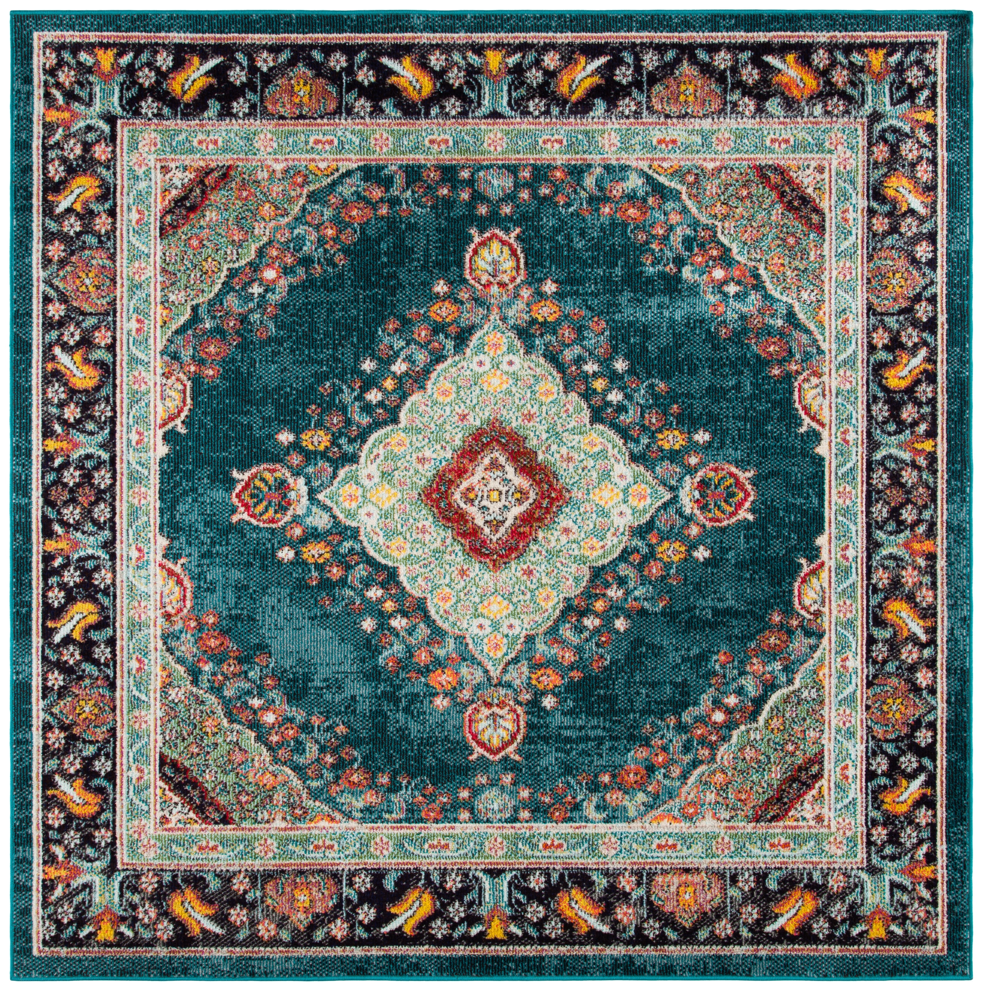 Navy and Turquoise Square Synthetic Flat Woven Rug