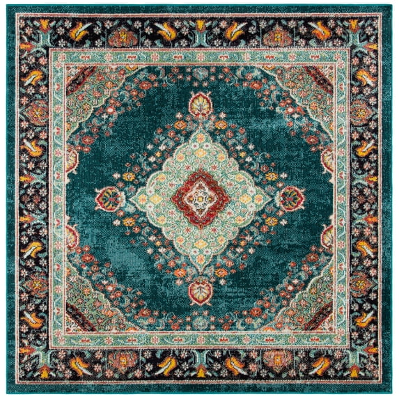SAFAVIEH Madison Sonam Floral Bordered Area Rug, Navy/Turquoise, 6'7" x 6'7" Square