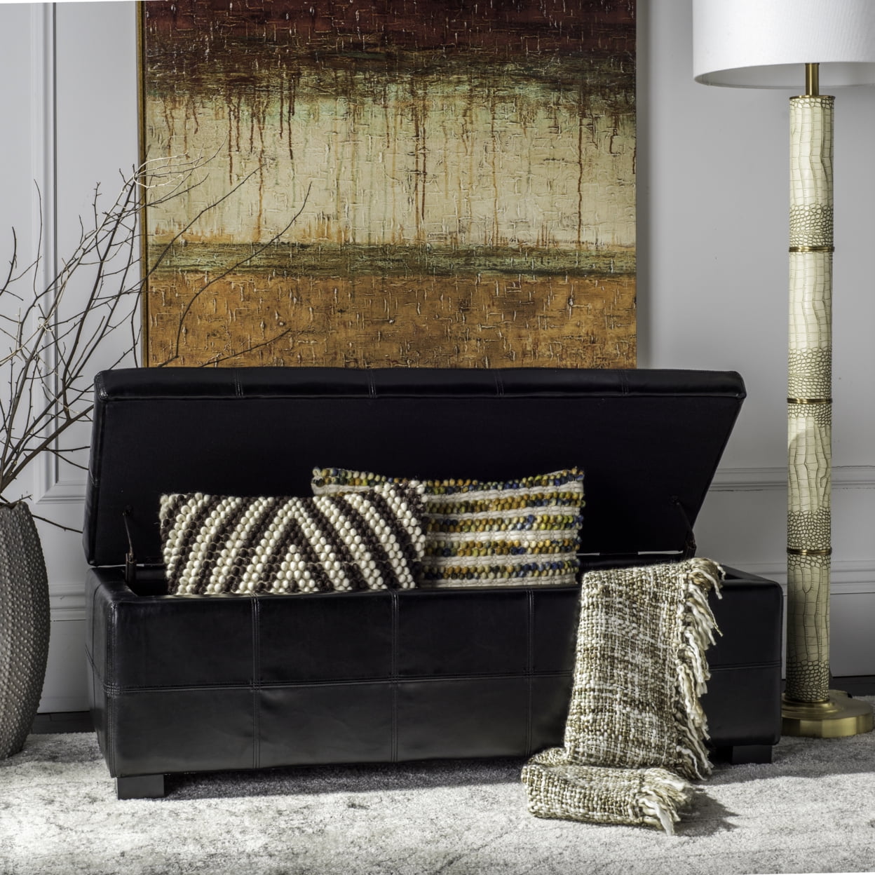 Madison Large Black Leather Storage Bench with Hardwood Frame