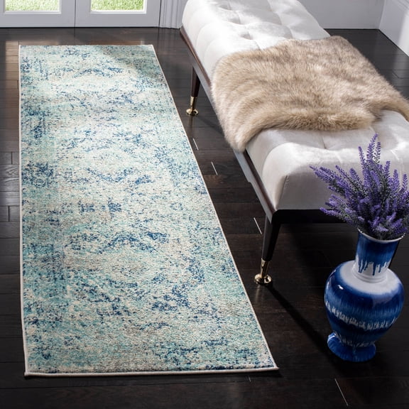 SAFAVIEH Madison Willoughby Overdyed Floral Runner Rug, Ivory/Blue, 2'3" x 12'