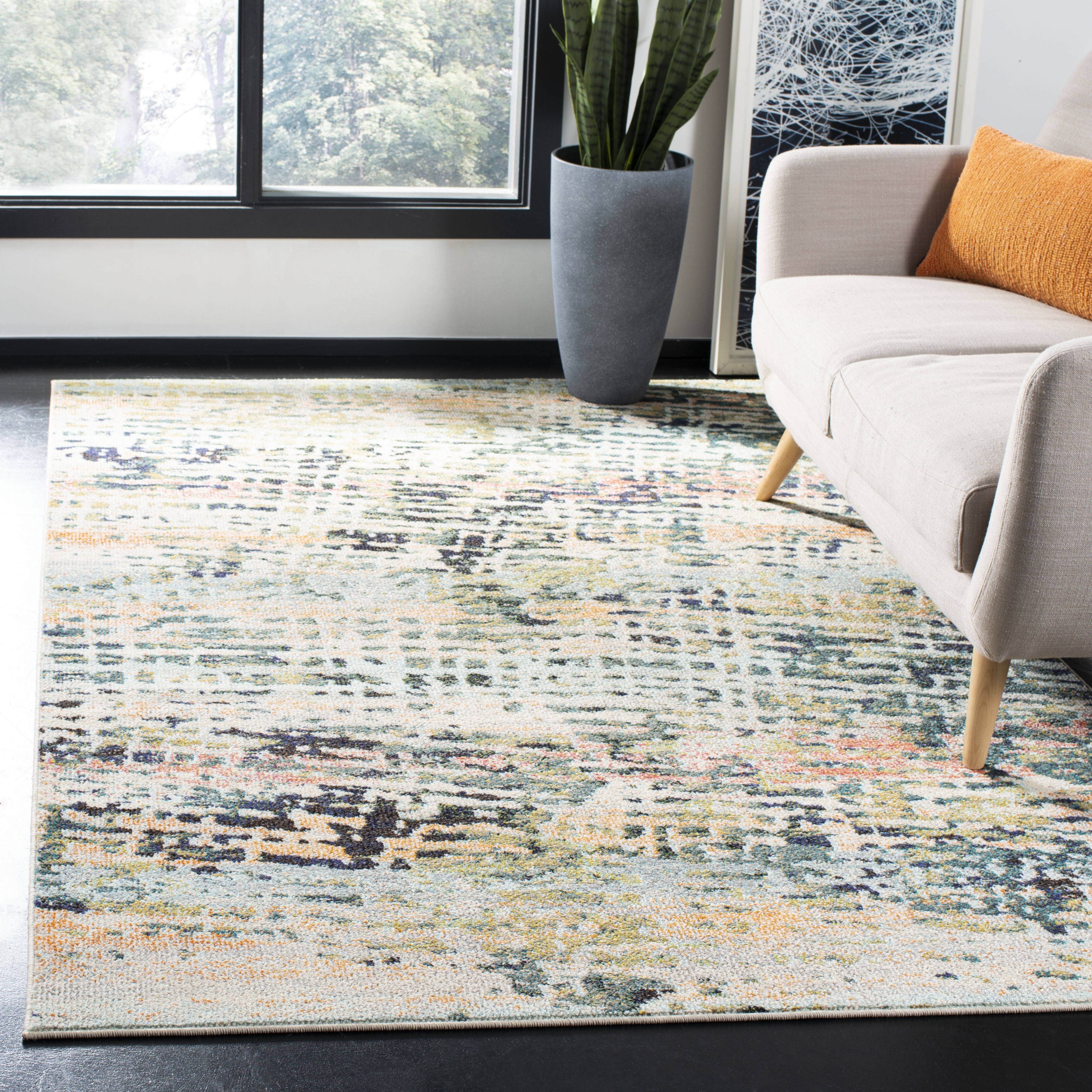 Beige/Navy Hand-Knotted Rectangular Synthetic Area Rug 5'3" x 7'6"