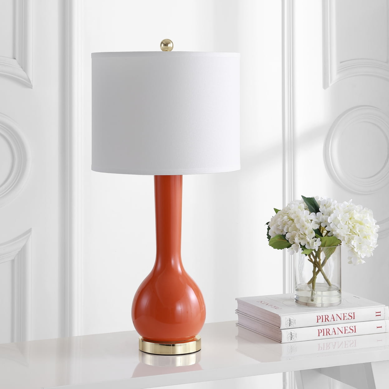 Mae Blood Orange Ceramic Long Neck Table Lamp Set with White Shades