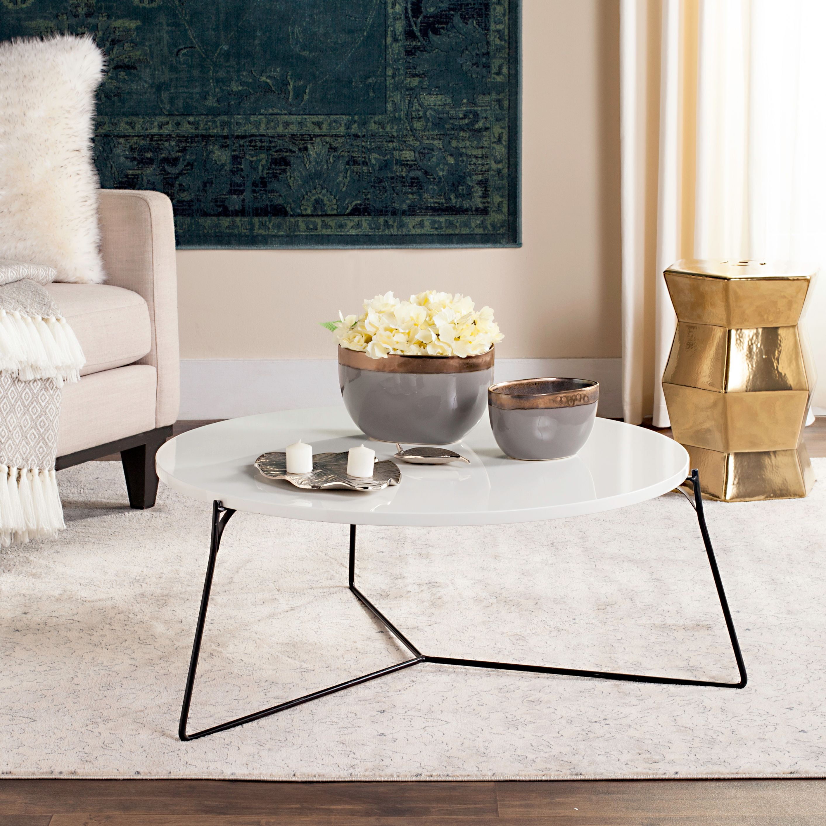 SAFAVIEH Mae Round Retro Mid Century Wood Coffee Table White Black