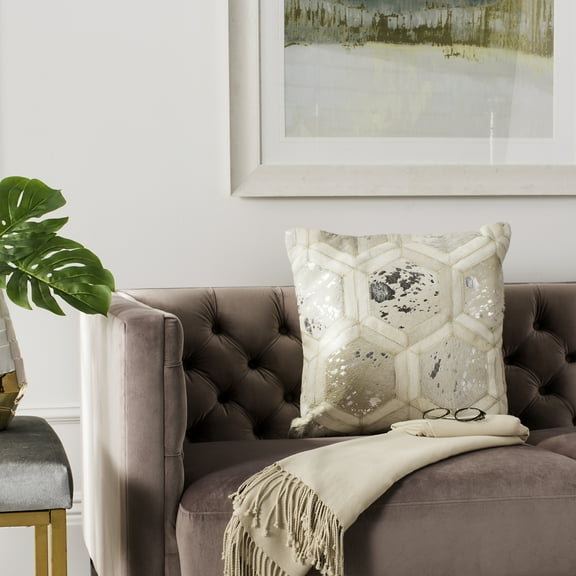 SAFAVIEH Maggie Metallic Cowhide 20" x 20" Pillow Geometric Pillow, White/Silver