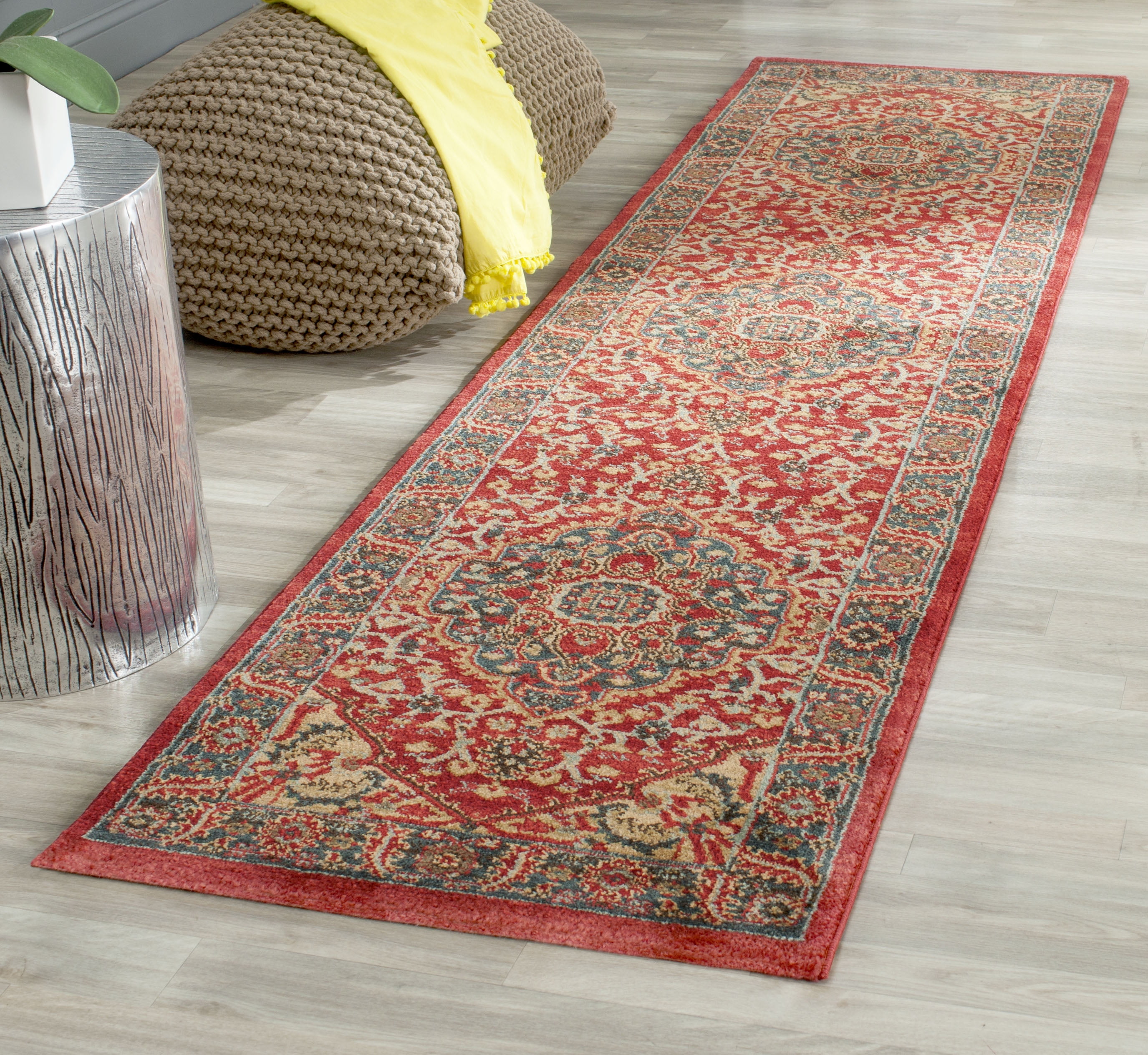 Red and Navy Traditional Synthetic Runner Rug