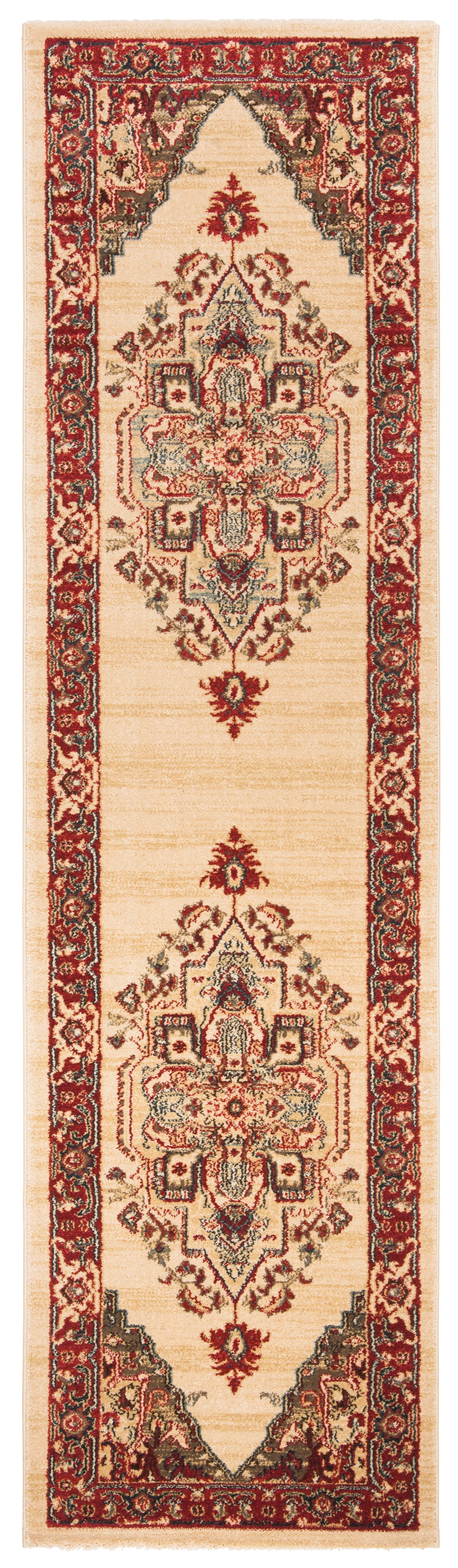 Cream and Red Synthetic Persian Runner Rug