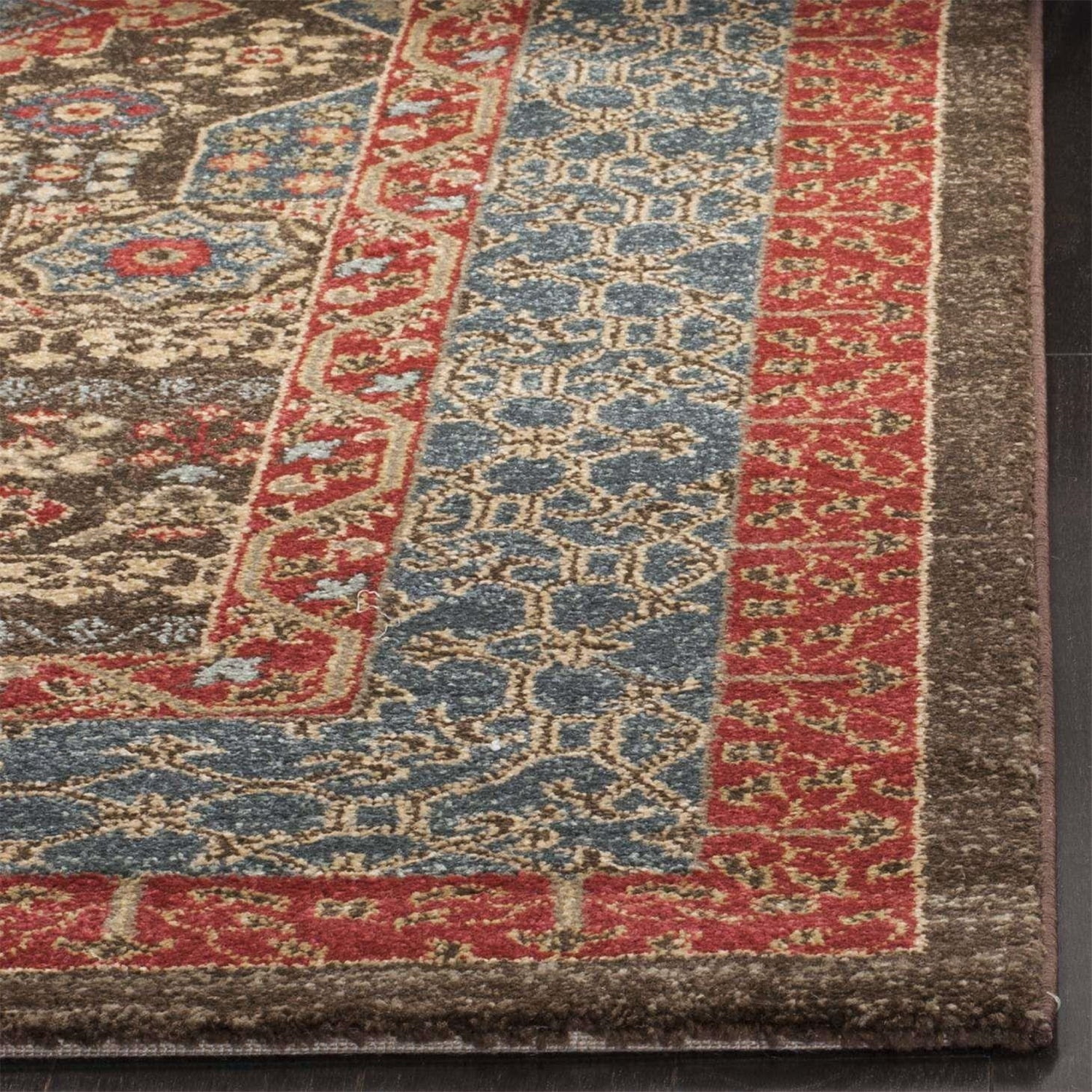 Safavid Style Red and Navy Synthetic Area Rug