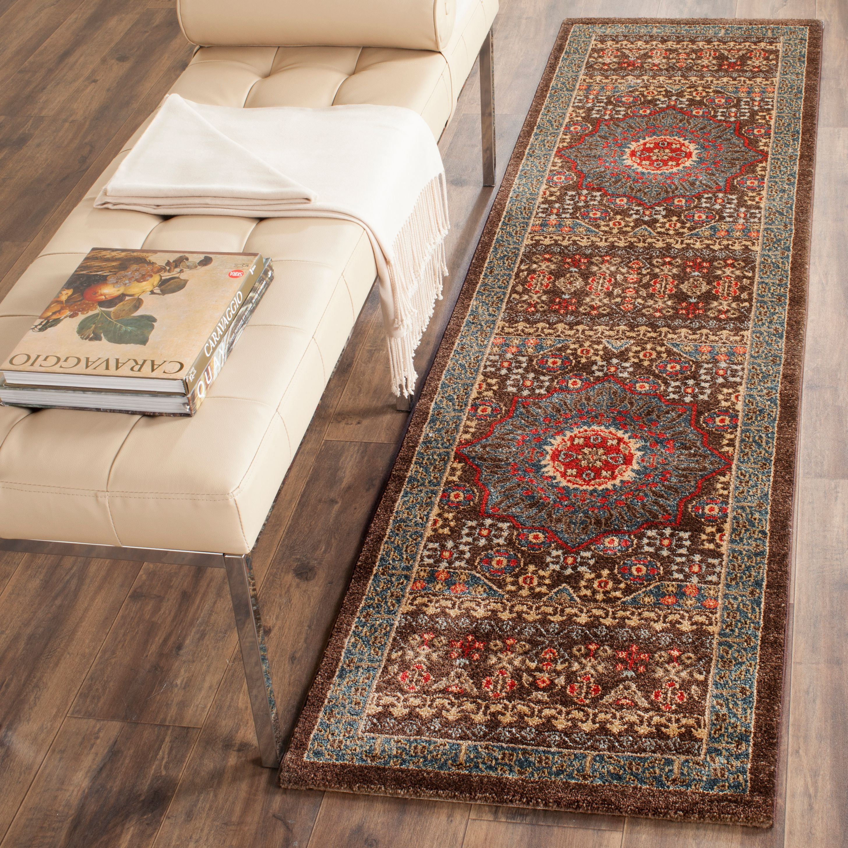 Mahal Red and Navy Synthetic Oriental Runner Rug, 2'2" x 16'