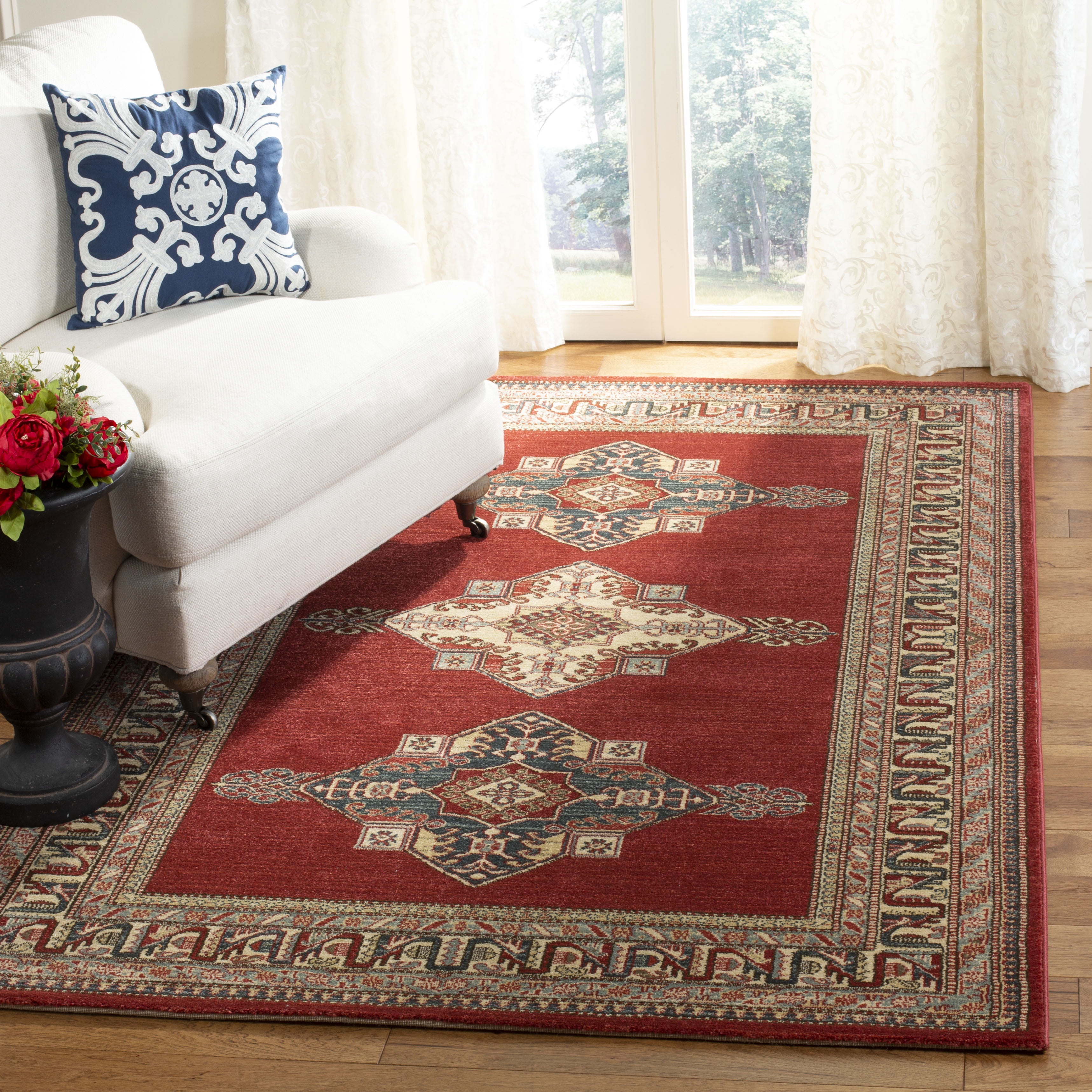 Mahal Red and Cream Synthetic Rectangular Area Rug