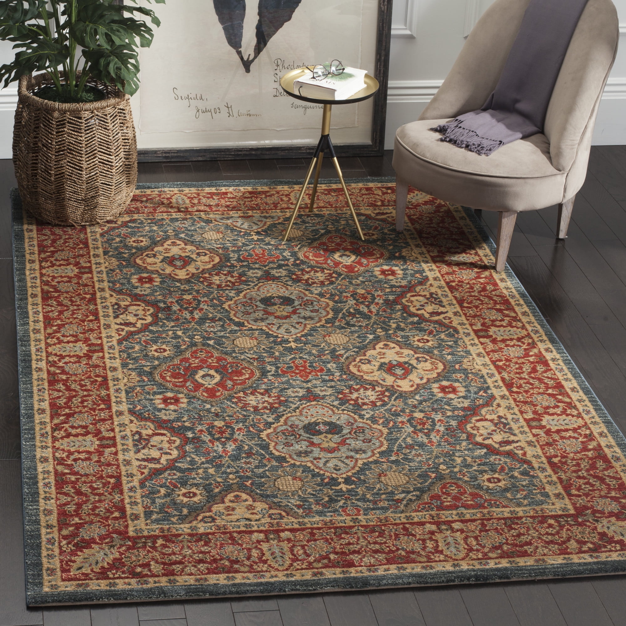 Red and Navy Floral Synthetic Rectangular Area Rug