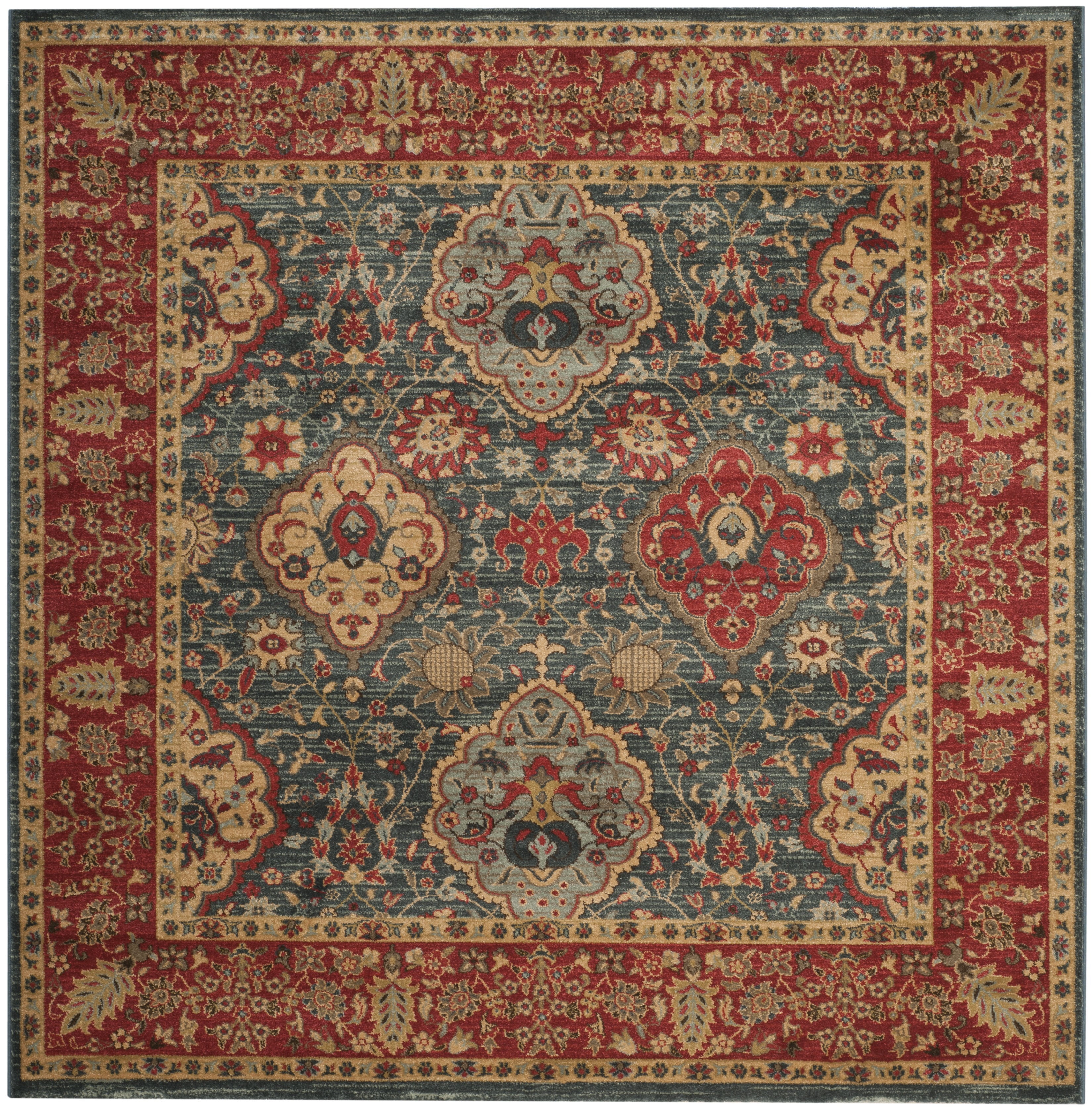 Mahal Square Red and Navy Synthetic Oriental Area Rug