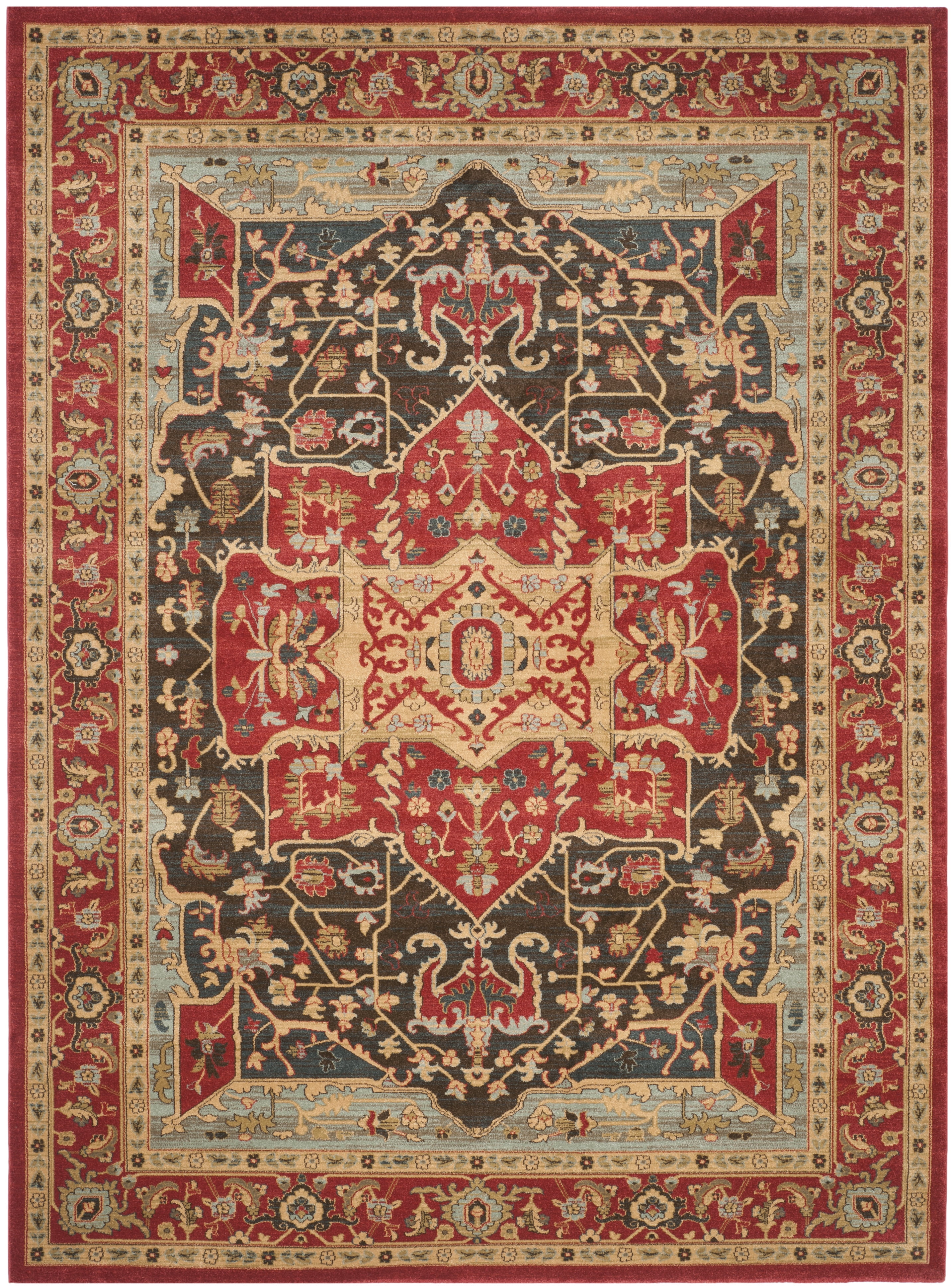 Red and Beige Round Stain-Resistant Synthetic Area Rug