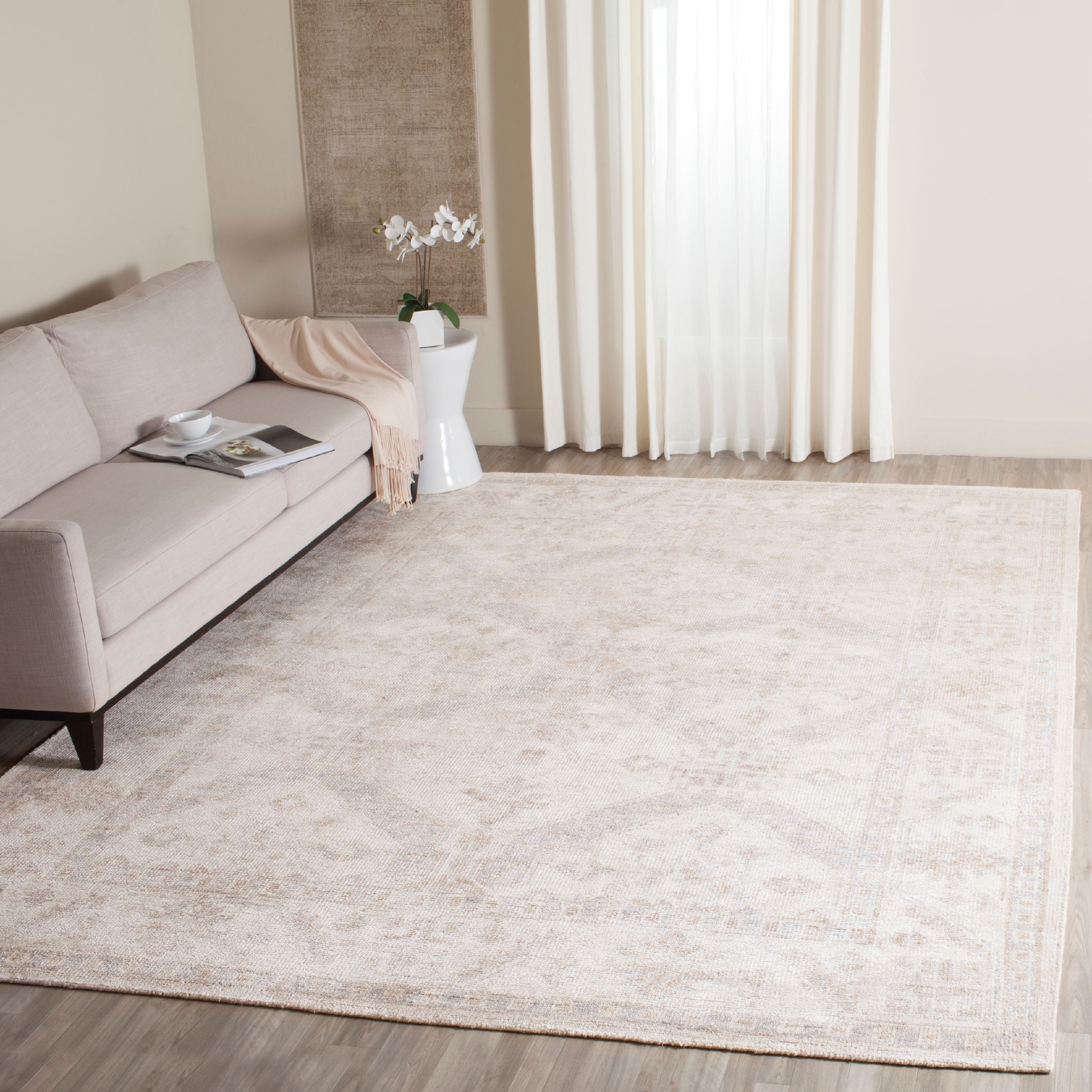 Beige and Blue Hand-Knotted Wool and Silk 9' x 12' Rug